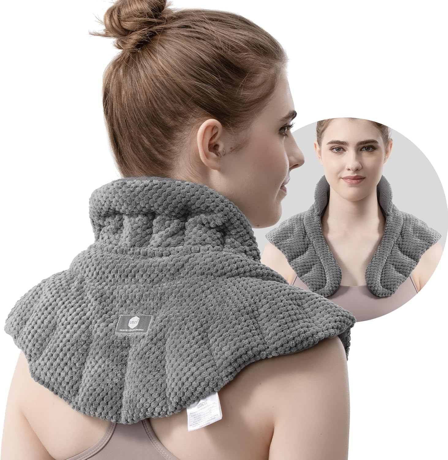 Uncn Microwavable Heating Pad for Neck, Shoulders Back Pain Relief | Large Wheat Bag Microwave Heat Pack | Heated Neck Wrap for Targeting Stress, Tension Relief and Relaxation Grey image number 2