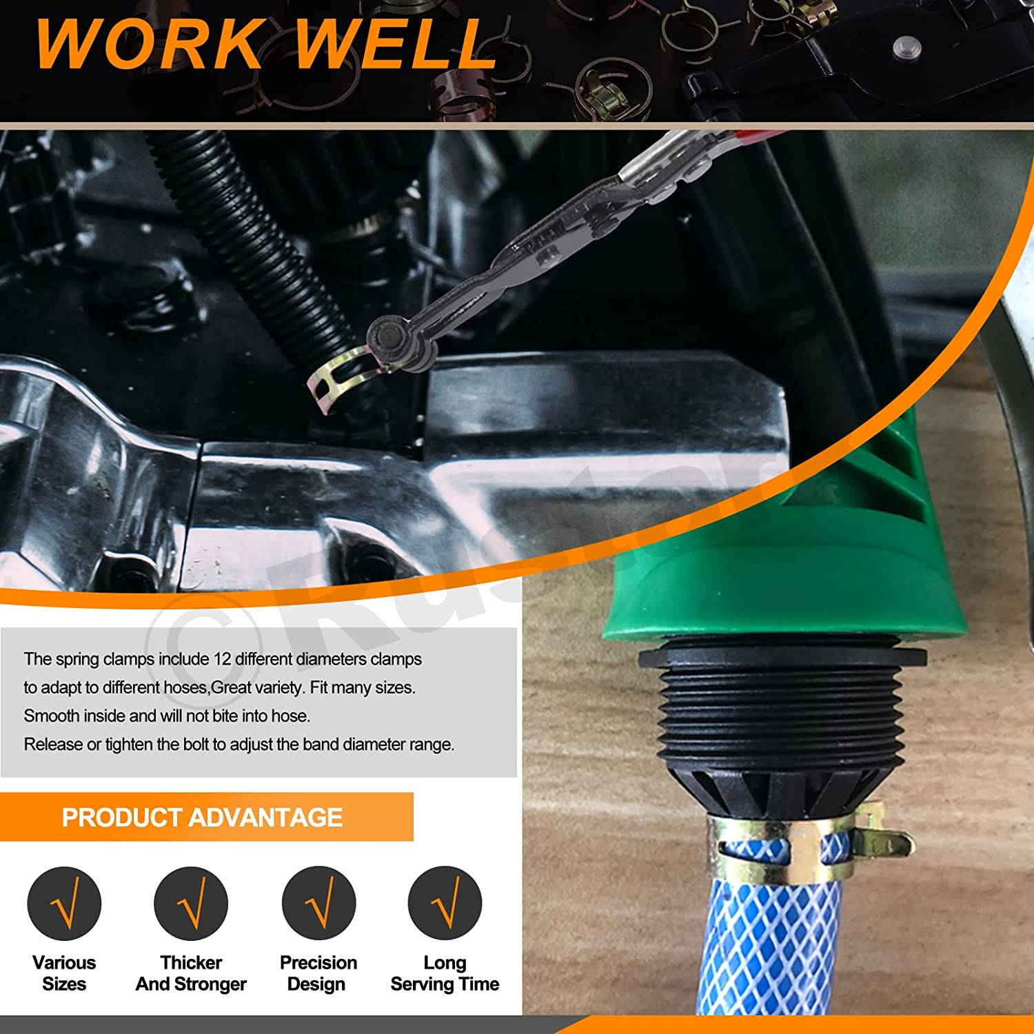 Rustark 121Pcs 12 Different Sizes 7-22Mm Spring Band Hose Clamps with Spring Clamp Pliers Assortment Kit, Fuel Line Silicone Vacuum Hose Pipe Clamp Low Pressure Air Clip Clamps Fasteners image number 4