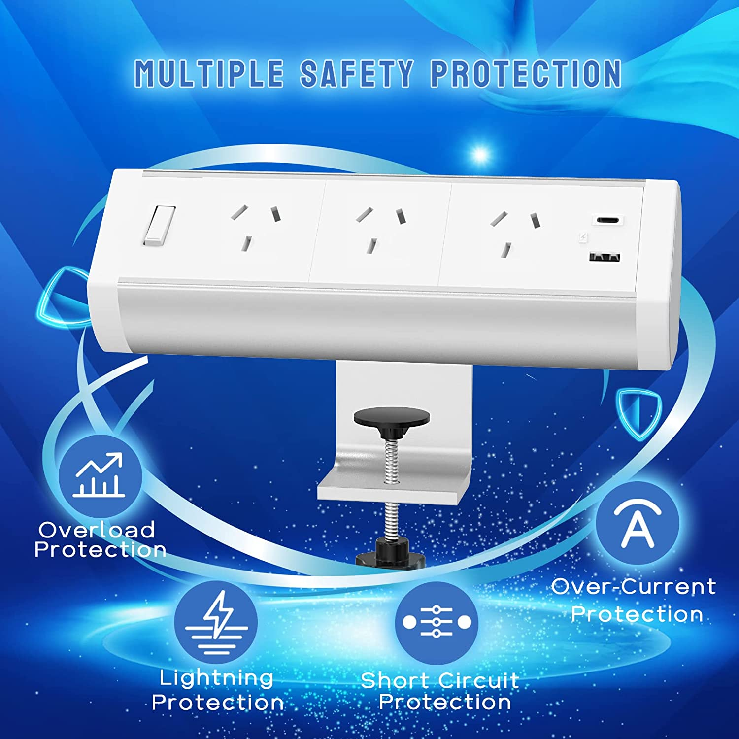 Desk Power Board, Haylink Aluminium Alloy Clamp Powerboard with USB C, 3 Outlets Desk Power Strip with Switch, Desktop Mounted Power Board Connect 3M Extension Cord for Home Office image number 1