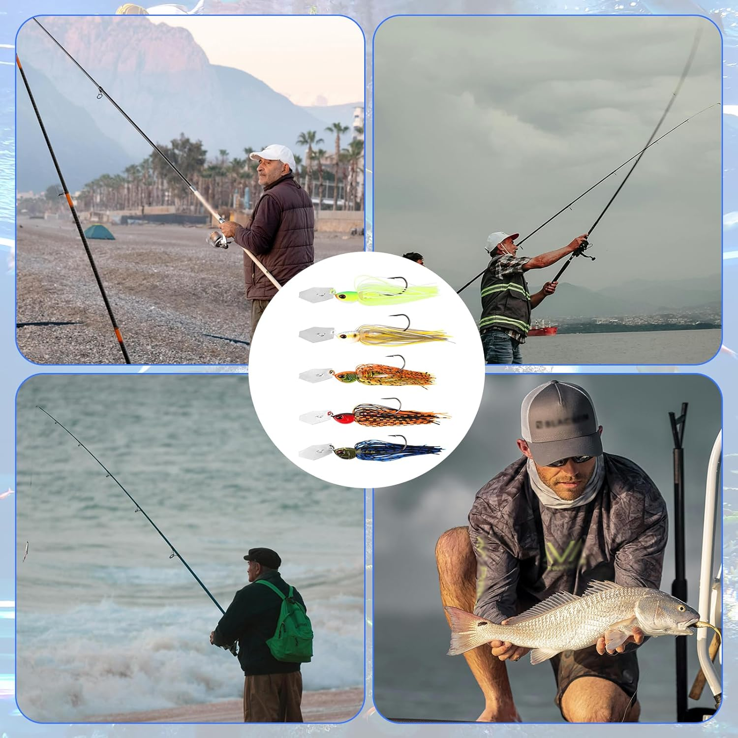 5Pcs Bladed Jig Fishing Lures, Multicolored Fishing Hook with Skirt Vibrating Fishing Lures Sharp Fishing Lures Jig Heads for Pike Bass Trout Walleye