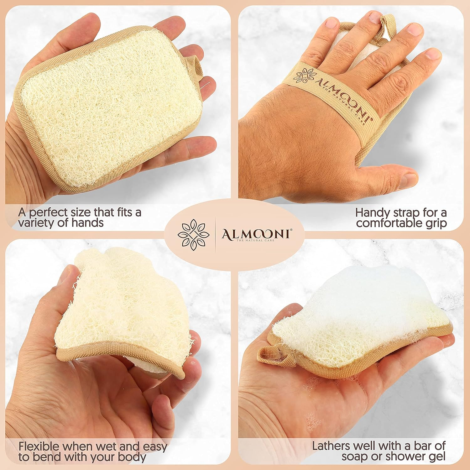Almooni Premium Egyptian Exfoliating Loofah Pad Body Scrubber - Rectangular Loofa Shape - Made with Natural Egyptian Shower Lufa Sponge That Gets You Clean, Not Just Spreading Soap (2 Pack) image number 4