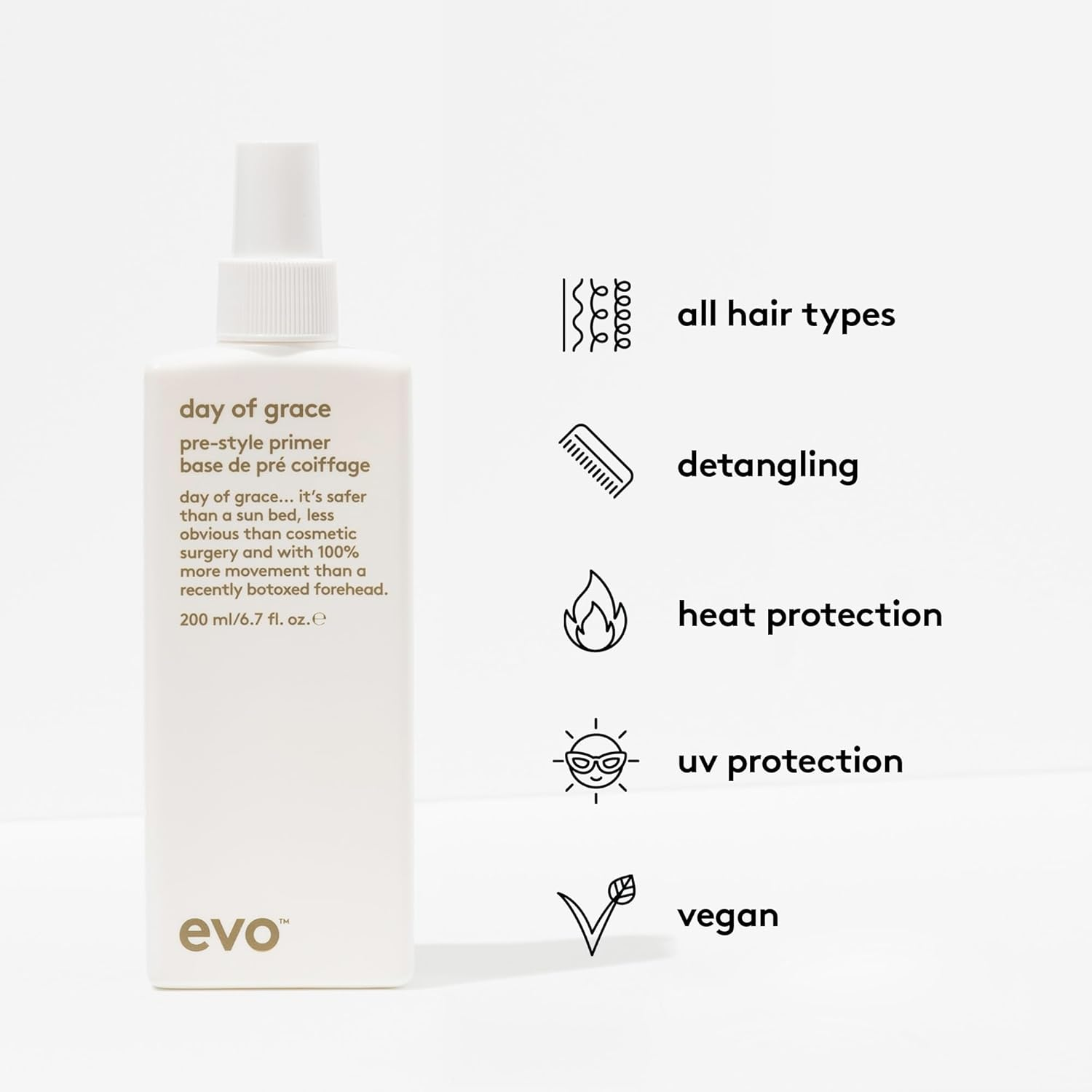 Evo Day of Grace Pre-Style Primer - Leave-In Heat Protectant Spray - Detangles & Smooths Hair - 200Ml / 6.8Fl.Oz