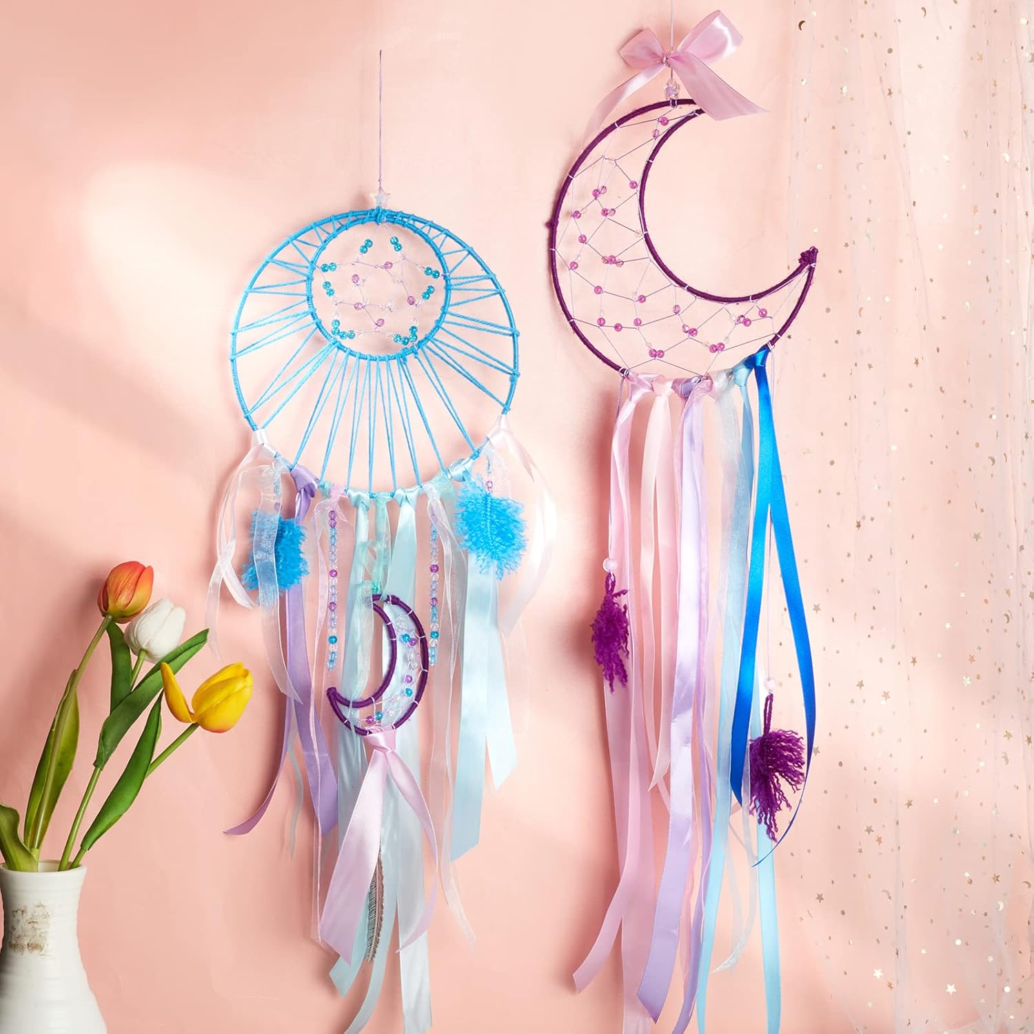 INFUNLY 2 Set DIY Dream Catcher Kit - Make Your Own with Instruction, Moon Circle, Star, Metal Feather - Handmade Wall Hanging Decor for Bedroom, Wedding, Party image number 6