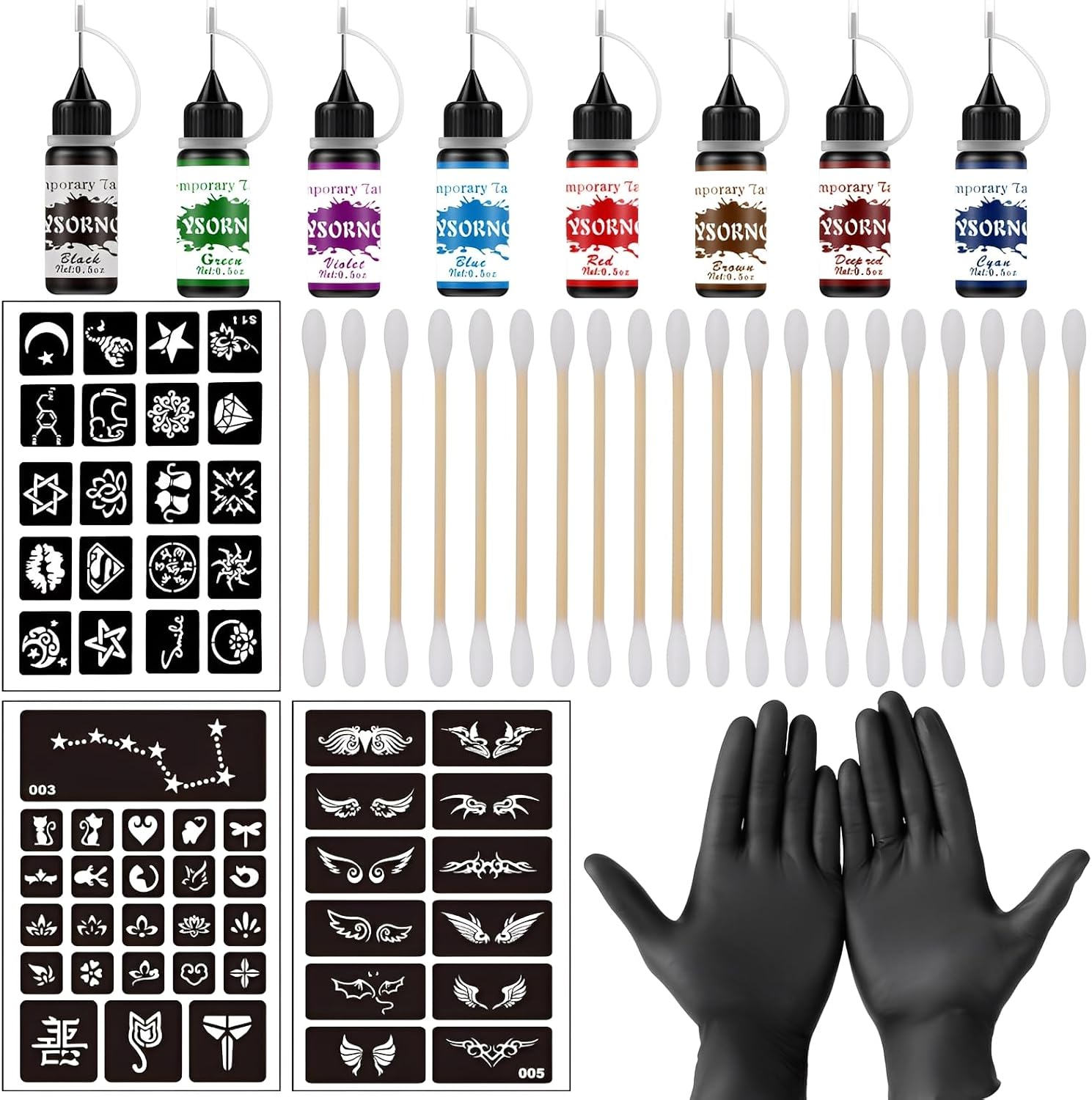 Henna Tattoo Set - 8 Colours Ink Including 60 Stencils with Gloves and Applicators, Henna Colour, Henna Freckles, for Women, Men, DIY Art, Painting, Party Gifts image number 4