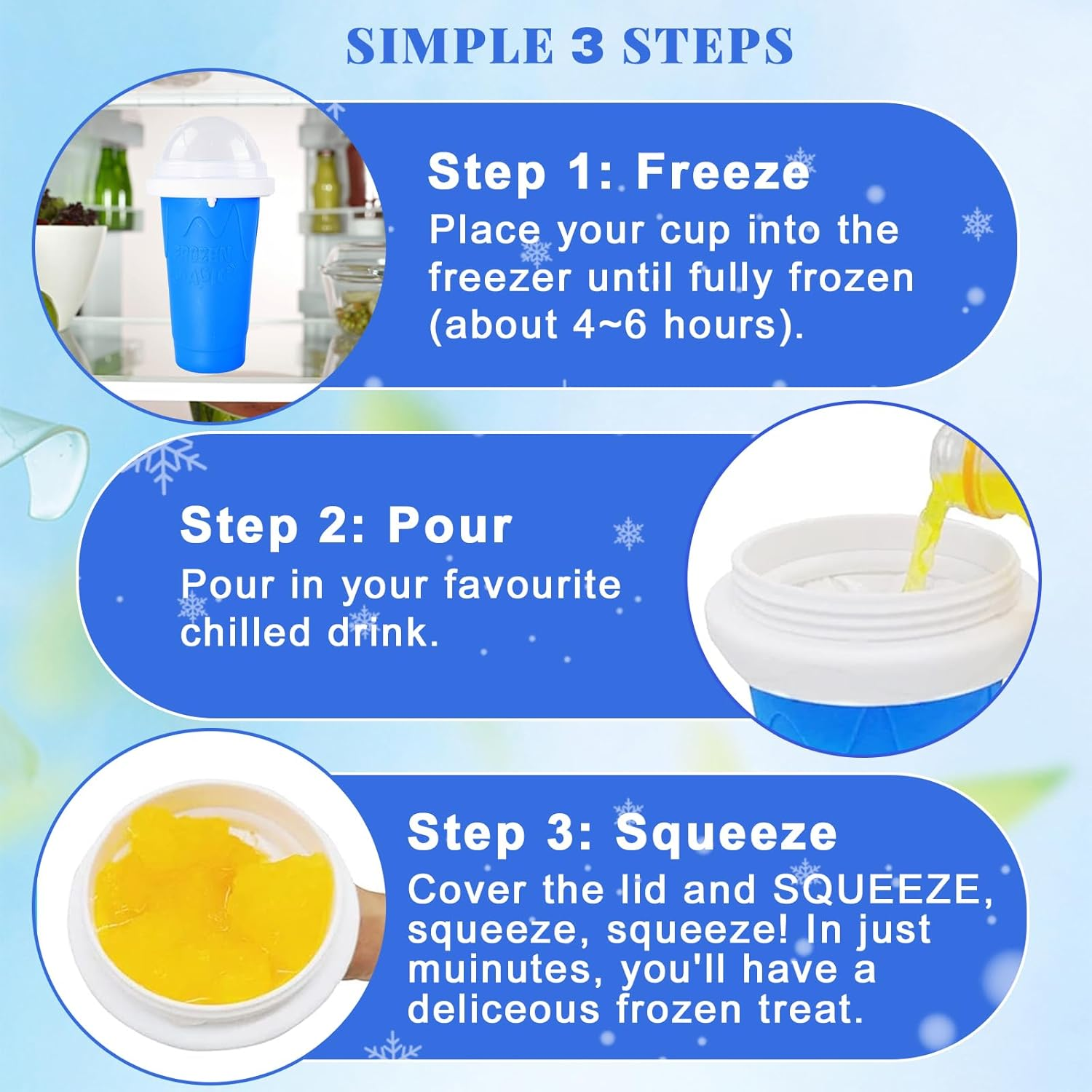 FANS-ONE Slushie Cup, 2 Pack Slushy Maker Cup, Frozen Magic Squeeze Cups for Juice Milk Yogurt Ice Cream Make, DIY Smoothie Cooling Cup with Lid & Straw for Kids Friends Family (Blue+Green) image number 4