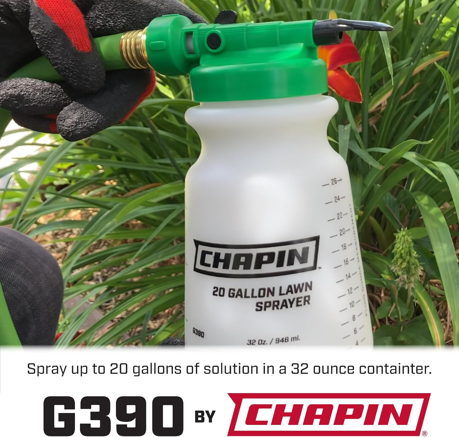 Chapin G390 Hose End Sprayer for Water Soluble Materials, 20 Gallon, 32 Ounce Tank, Finger Control and Backflow Prevention, for Spraying Lawns, Weeds, Insects, Fertilizers, Translucent White image number 2