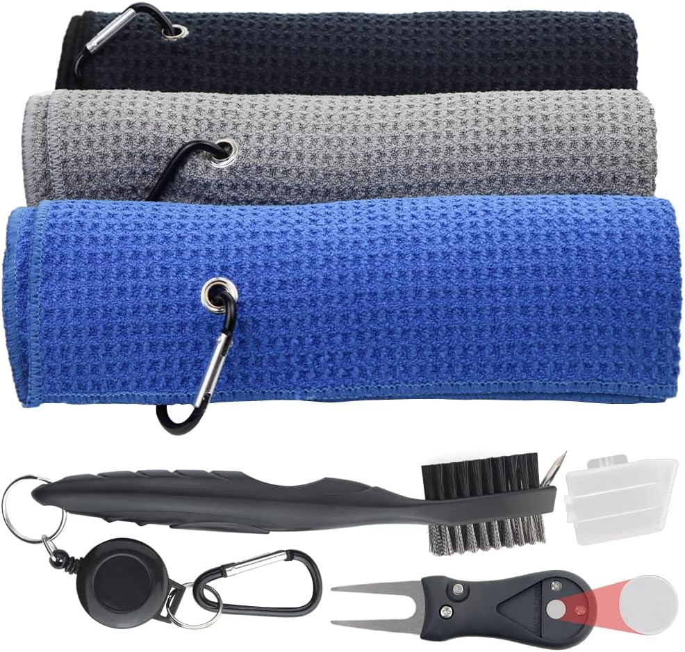 Golf Accessories Kit, 3 in 1 Golf Club Cleaning Kit - Towel, Brush, Divot Repair Tool