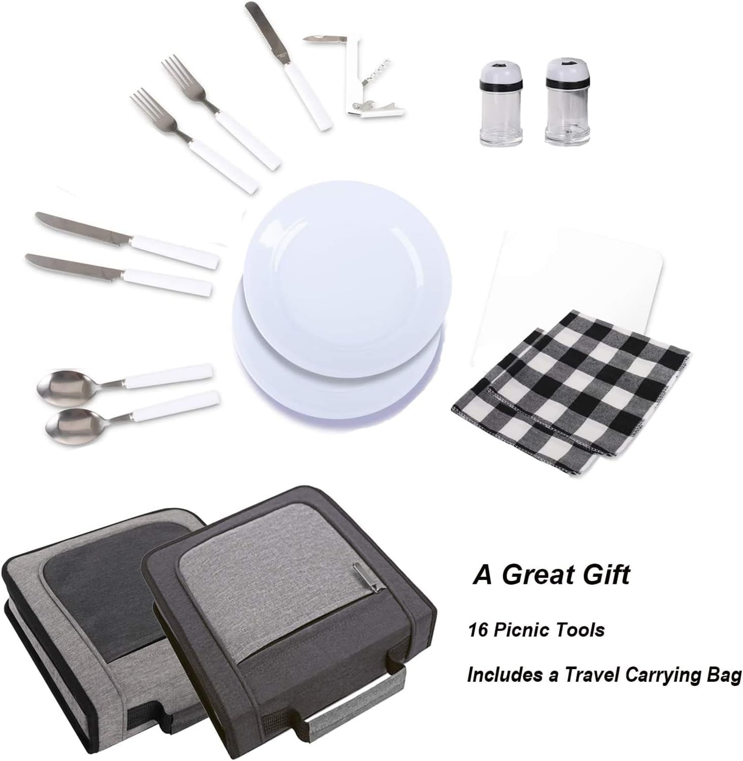 Picnic Set for 2 - Includes 16 Pcs, Portable Travel Utensils with Case, Reusable Camping Cutlery Plates, Stainless Steel of Spoons and Forks, for Hiking, Camp, BBQ, Gift image number 3