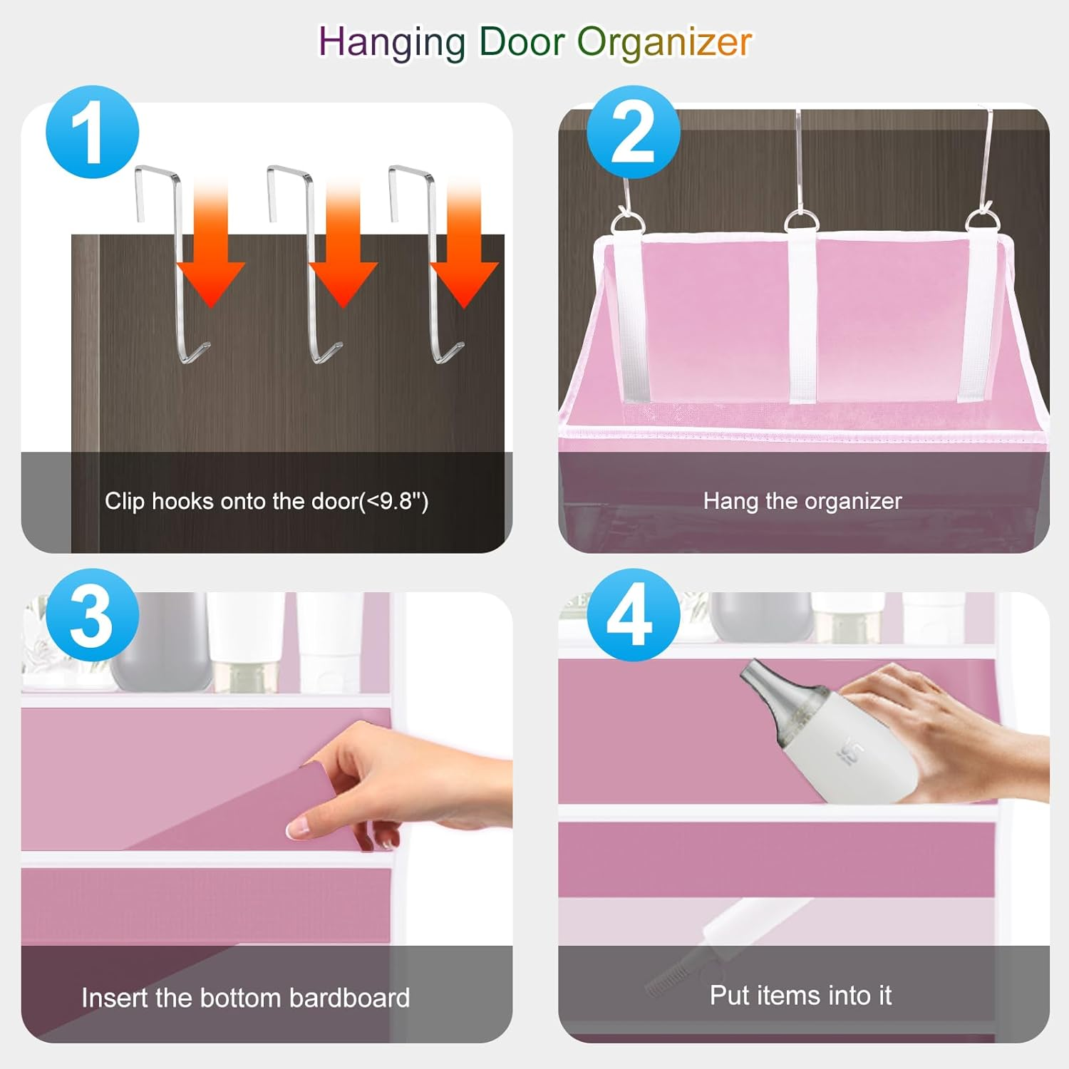 Xifllife over the Door Organizer Closet,5 Bins 10 Side Pockets,Hanging Door Organizer,Anti Tilt 44 Lbs Load Door Organizers and Storage with Clear Window for Bedroom,Nursery,Rv,Bathroom,Camper(Pink) - Black image number 6