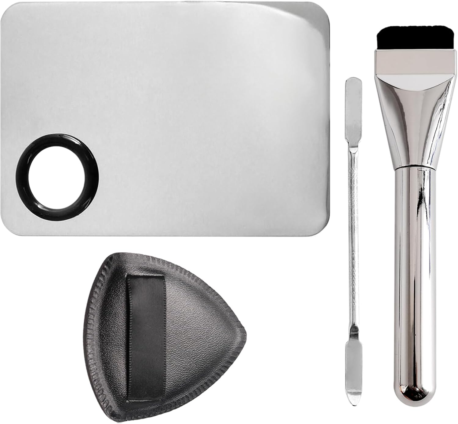 Wowled Pack of 4 Makeup Brush Set - Thin Flat Foundation Brush, Makeup Sponge Cosmetic Puff, Stainless Steel Mixing Palette & Spatula - Smooth & Flawless Application (Silver, Pack of 4 Pieces) image number 4