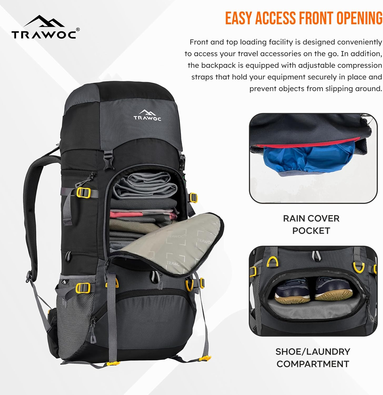 TRAWOC GRITMAX 55 Litre Travel Bag Front & Top Open Backpack for Hiking Trekking Camping, Rucksack for Men & Women with Rain Cover and Shoe Compartment image number 1
