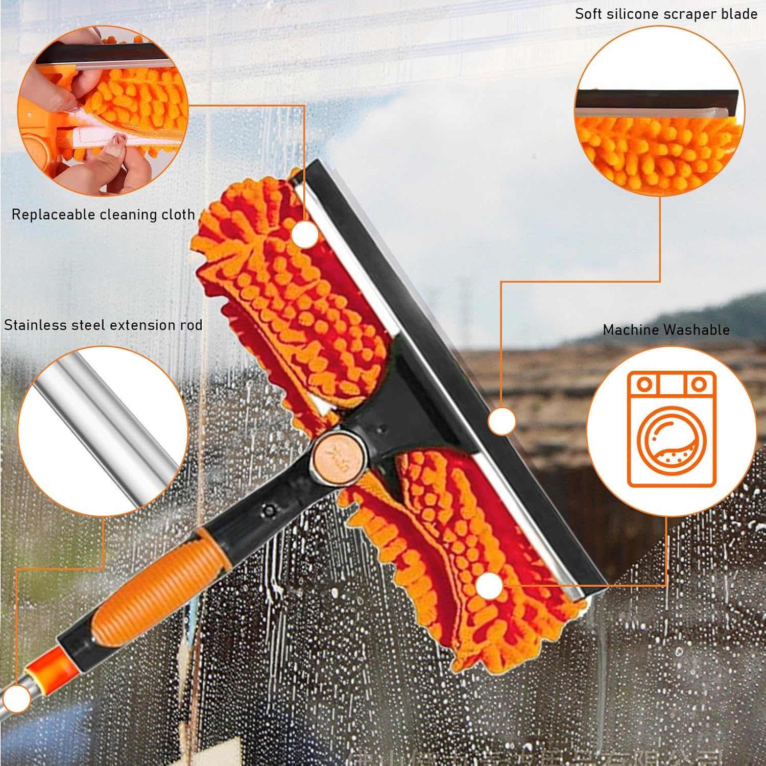4.5 M Window Cleaner with Telescopic Rod, 2-In-1 Rotating Window Cleaning Tool Set, Window Cleaning Set with Silicone Window Squeegee and Microfibre Window Wiper image number 5