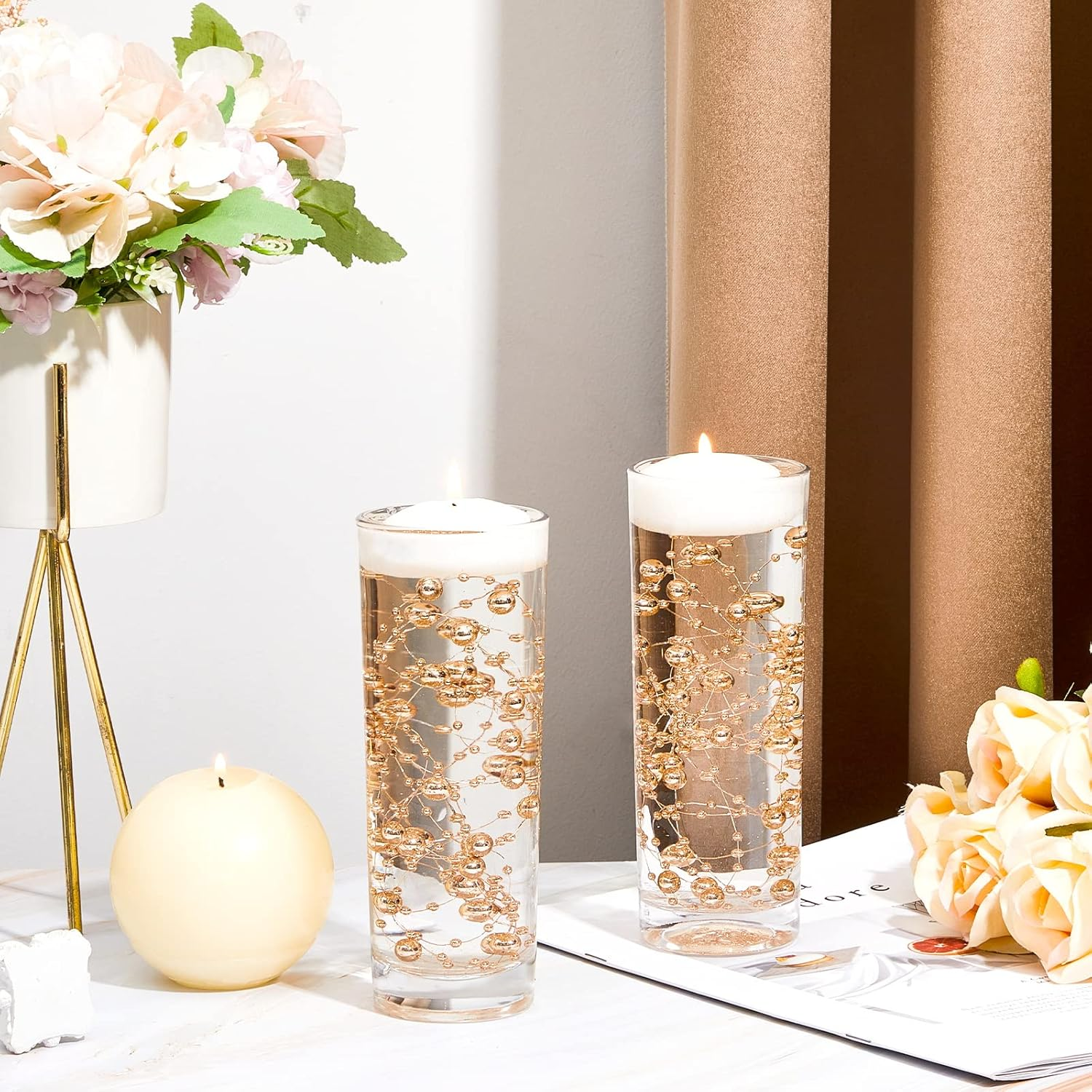 Tondiamo 24 Pcs Artificial Pearl String for Floating Candle Faux Pearls Beads String Party Garland Decoration for Vases Filler Wedding Centerpiece Christmas Party Decor(Rose Gold) image number 6