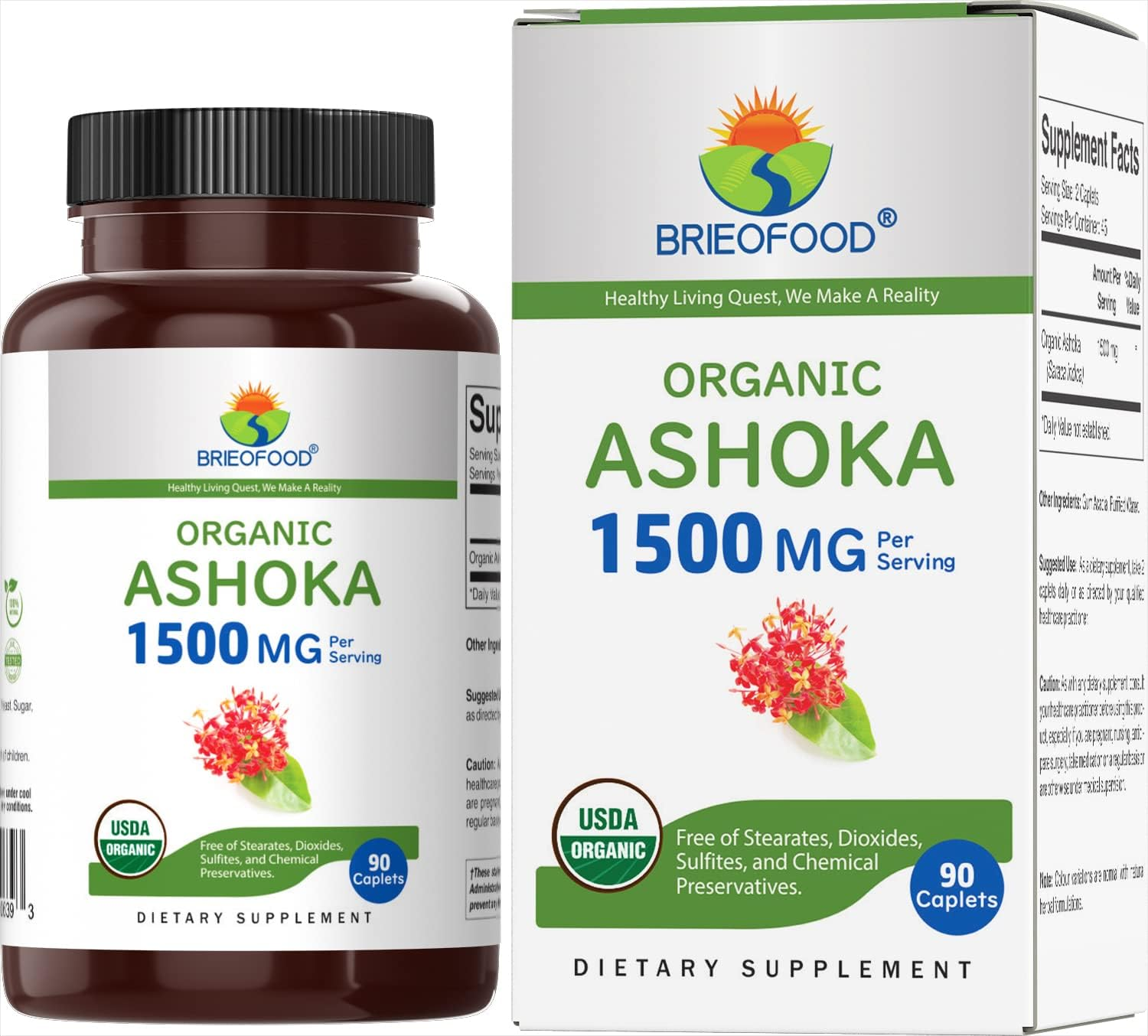 Brieofood Organic Ashoka 1500Mg, 45 Servings, Vegetarian, Gluten Free, 90 Vegetarian Tablets image number 2