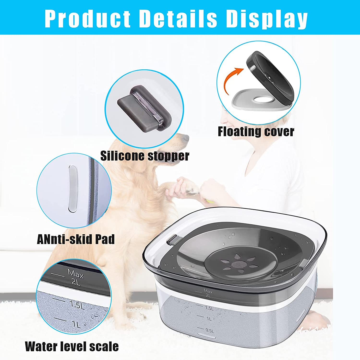 70Oz Dog Water Bowl 2L No Spill Large Capacity Slow Water Feeder, Spill Proof Transparent Pet Dispenser Vehicle Carried Travel Slow Drinking Bowl for Dogs,Cats image number 1