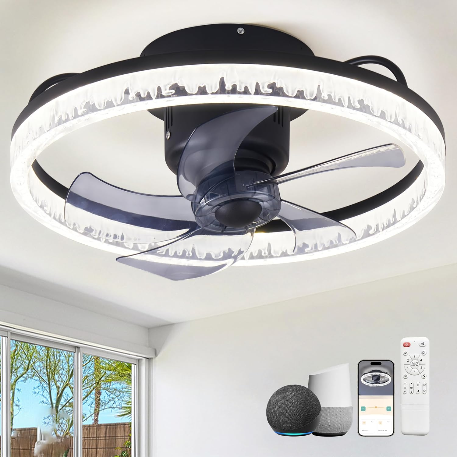 360&deg; Oscillating Ceiling Fans with Light and Remote,Smart Ceiling Fan with Alexa/Google Assistant/App Control,Ceiling Fans with 6 Speed Reversible Blades for Bedroom,Crystal-Like Lampshade