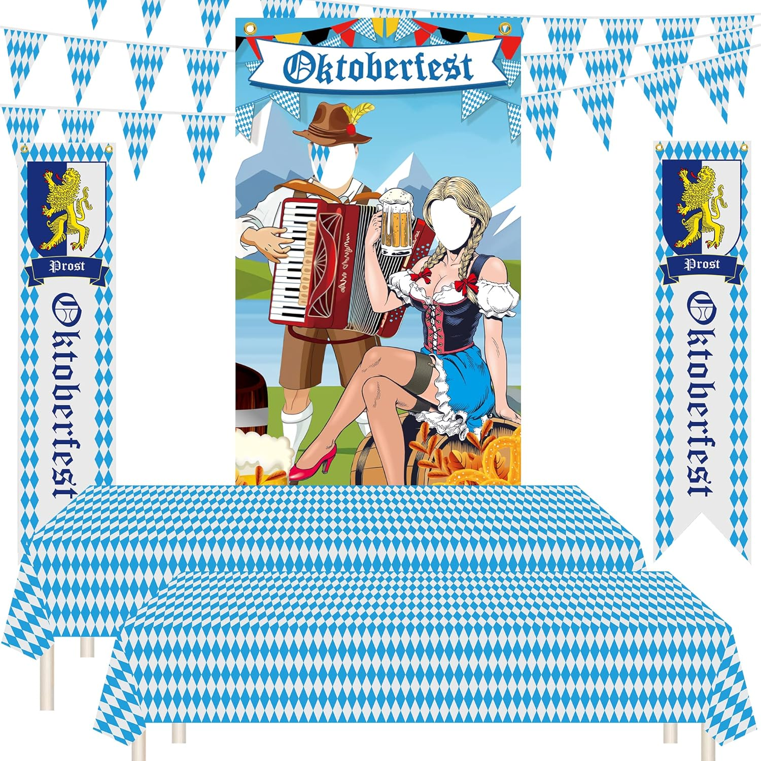 Oktoberfest Decorations, 5Pcs Octoberfest Party Decor Kit Bavarian Tablecloths Oktoberfest Flags Sign Banner Photo Backdrop, Octoberfest Home Yard Favor Decor Set for German Themed Beer Festival Party image number 2