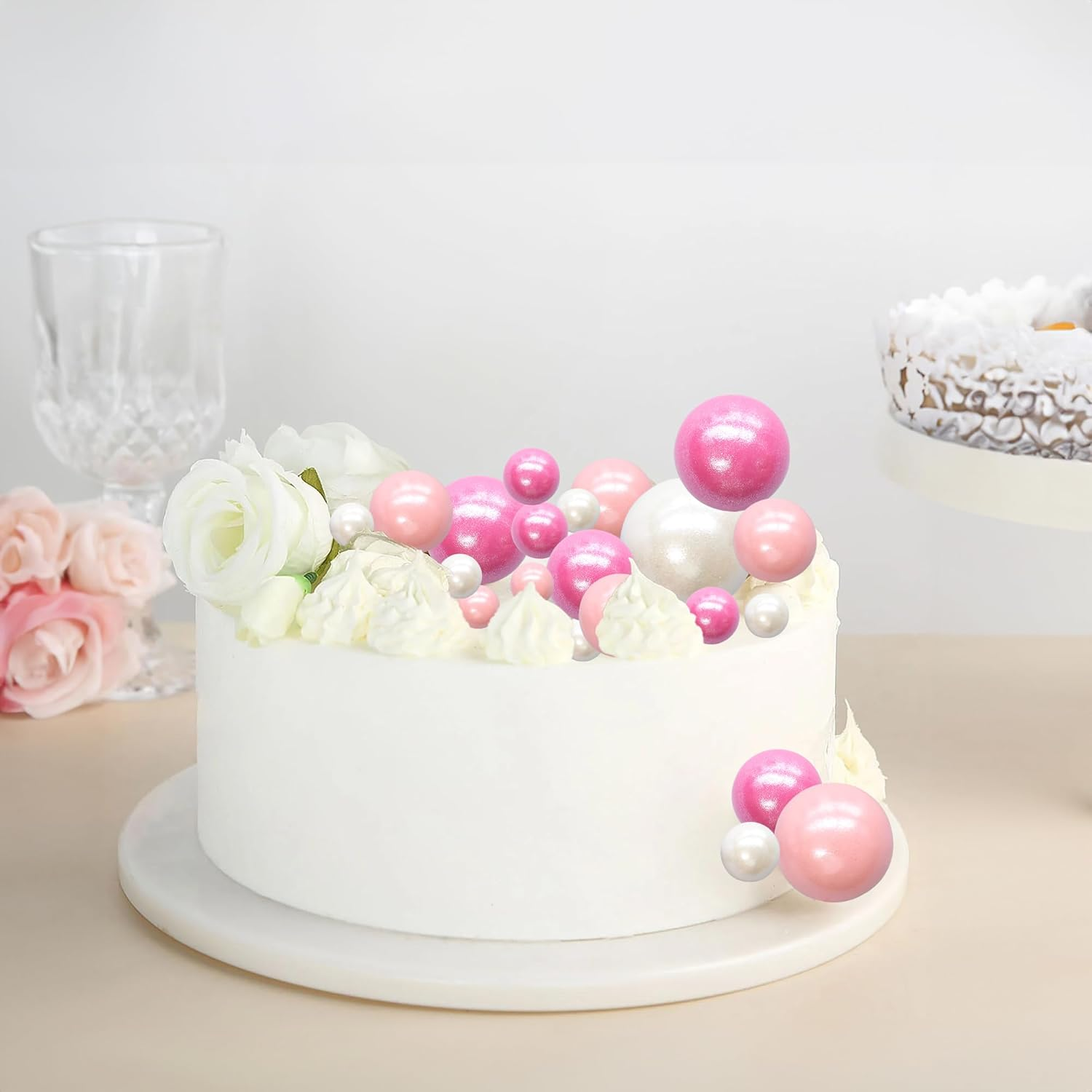 Ephlyn 30Pcs Balls Cake Topper Foam Ball Cake Picks Mini Balloon Cupcake Insert Bubble Balls DIY Decoration for Baby Shower Kids Birthday Party Decorations Pearl White Pink Rose Red