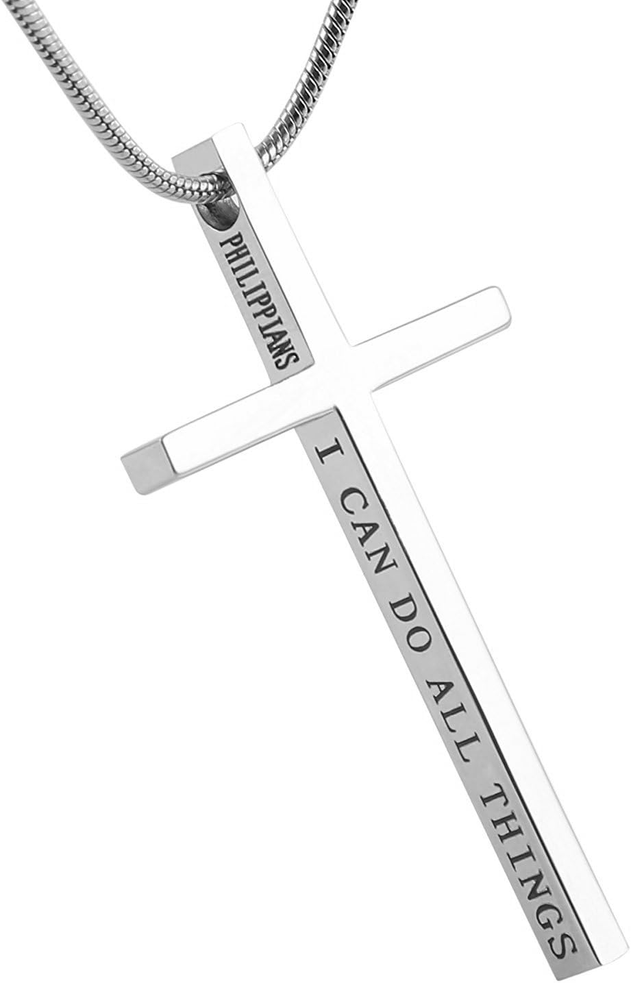 HZMAN Philippians 4:13 Cross Pendant STRENGTH Bible Verse Stainless Steel Necklace