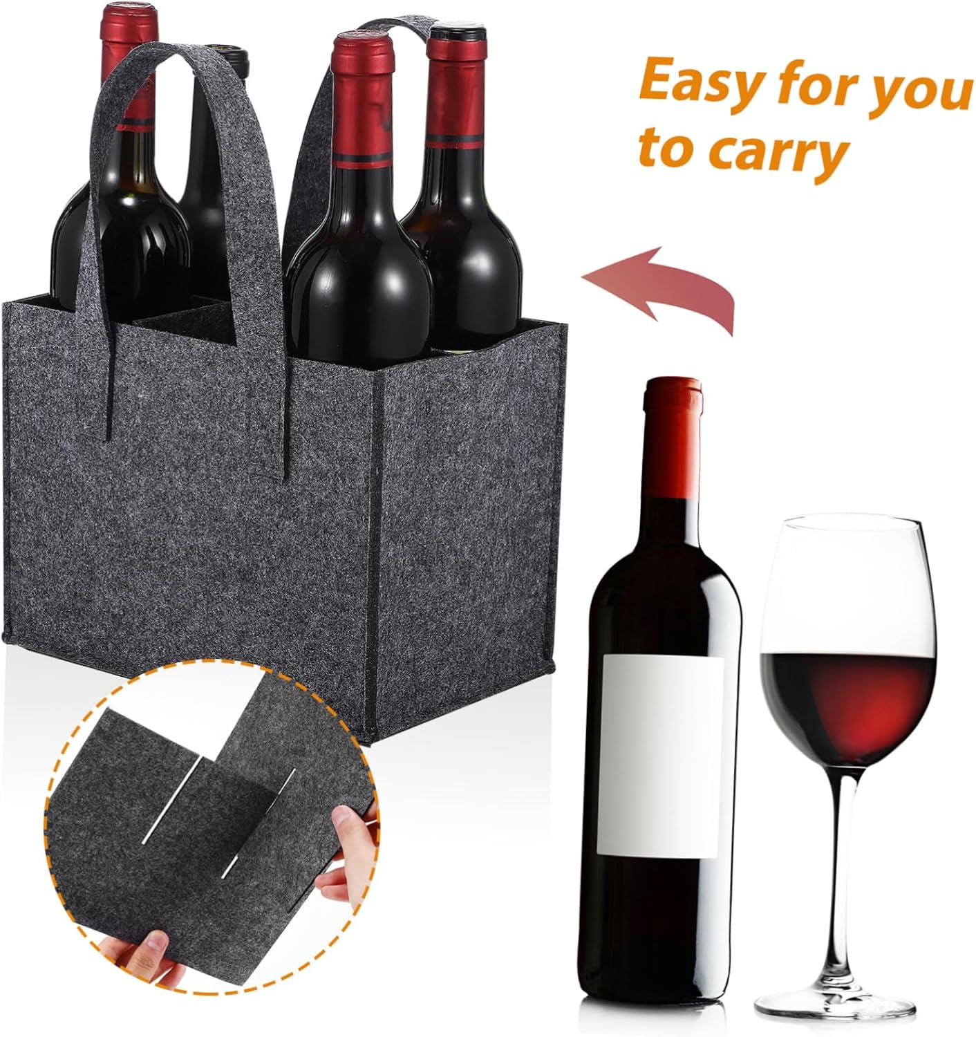 BESTOYARD Felt Wine Tote Bag 6 Bottles Carrier Thick Felt Bottle Bag Medium Gray Handheld Wine Carrier for Travel Camping Picnic 4Pcs 24X16X16Cm image number 3