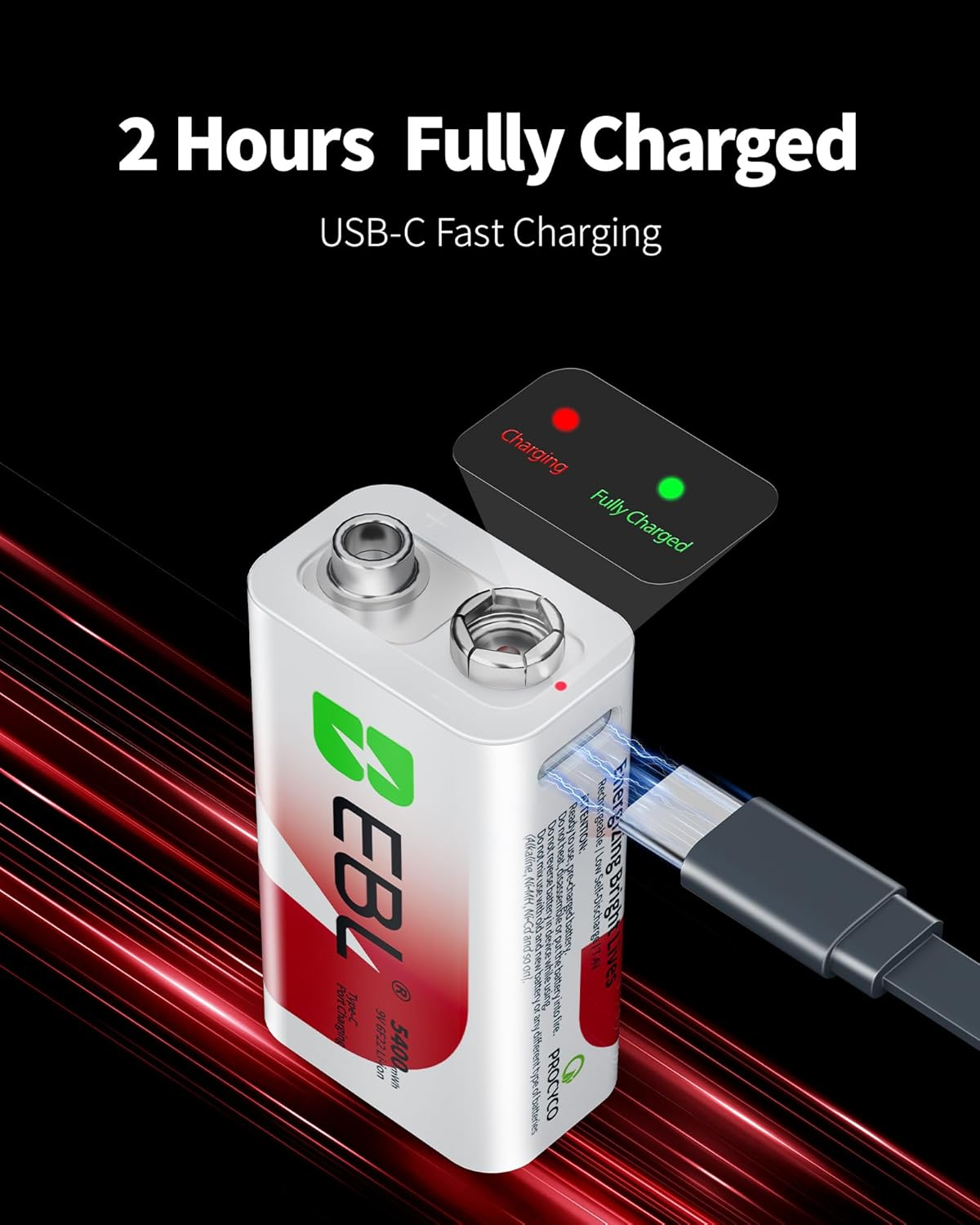 EBL Rechargeable 9V Batteries, 5400Mwh 9 Volt Lithium Battery over 1200 Cycles, 2 Hours Quick Charge with USB-C Charge Cable（4 Pack） image number 6