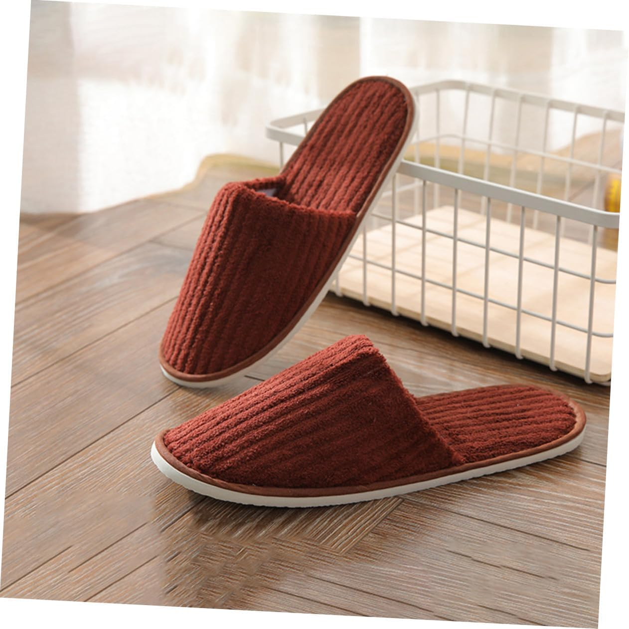 TOPPERFUN 2 Pairs Non Disposable Thick Household Slippers Coffee Color Guest Accessories Lightweight Warm Breathable Indoor Footwear for Families and Visitors image number 5
