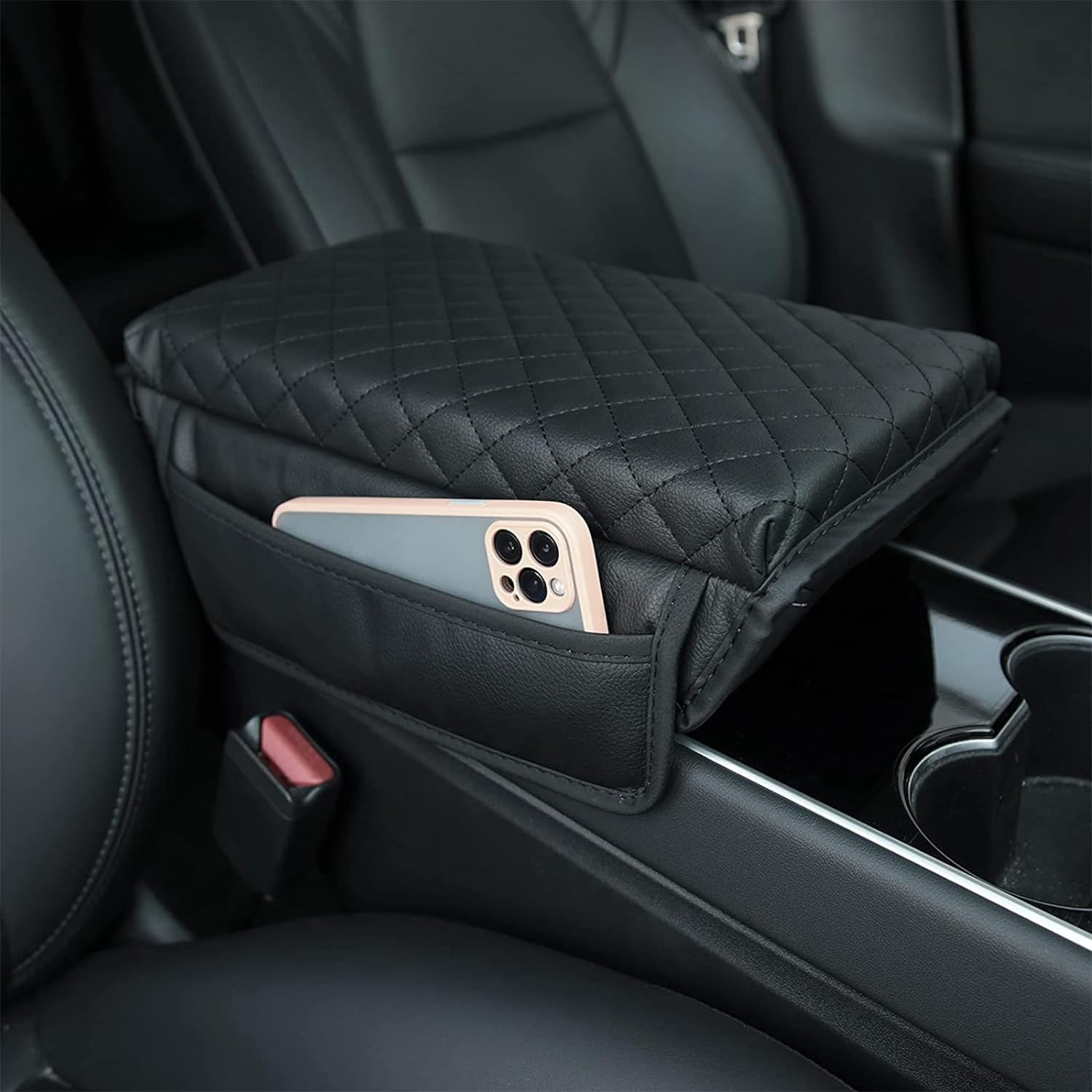 Car Armrest Box Cushion with Phone & Cup Holder, Universal Leather Center Console Armrest Cover Memory Foam Pillow with Bling Coaster, Auto Arm Rest Support Cushion Protector Interior Accessories