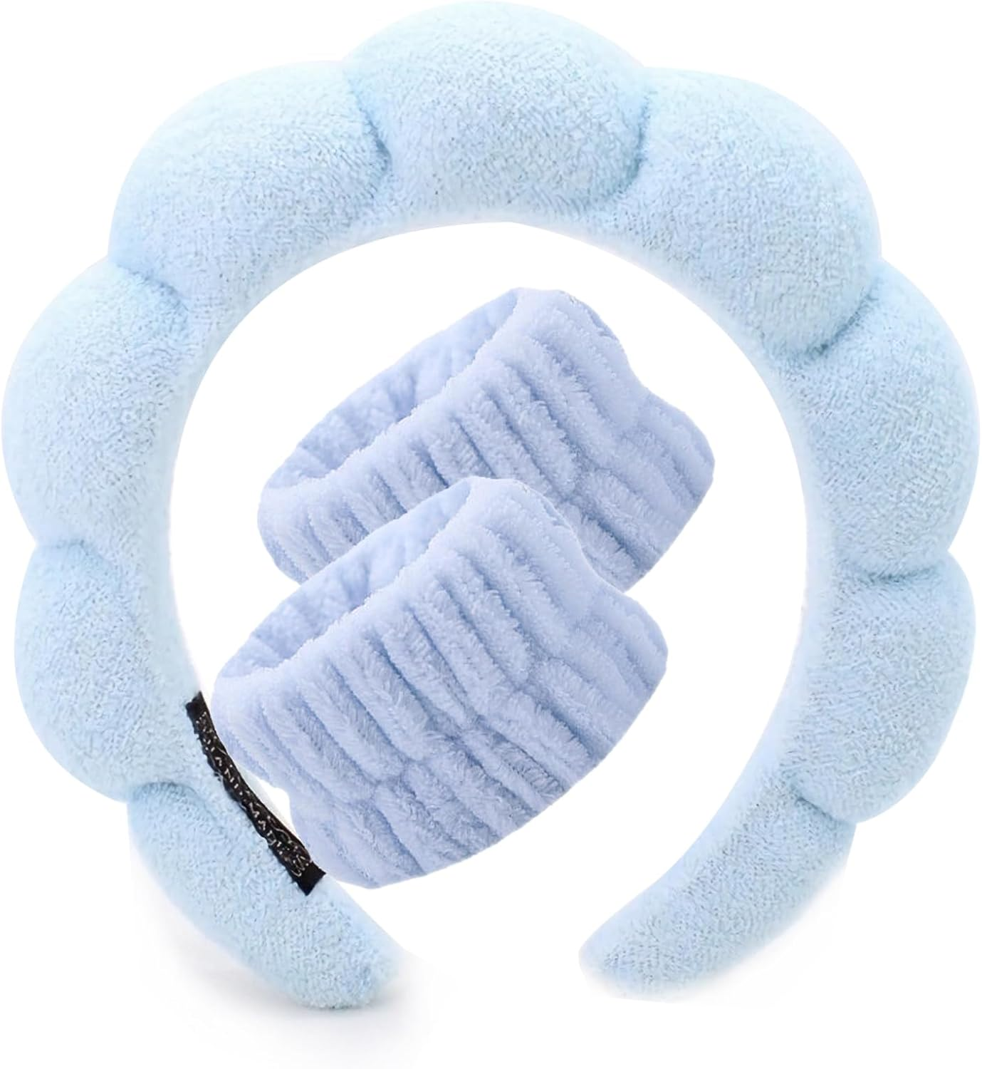 2 in 1 Sponge Spa Headband for Washing Face,Makeup Headbands for Women Girls,Wash Spa Yoga Sports Shower Head Band Terry Towel Cloth Hair Band for Skincare with Wristband Set (Blue)