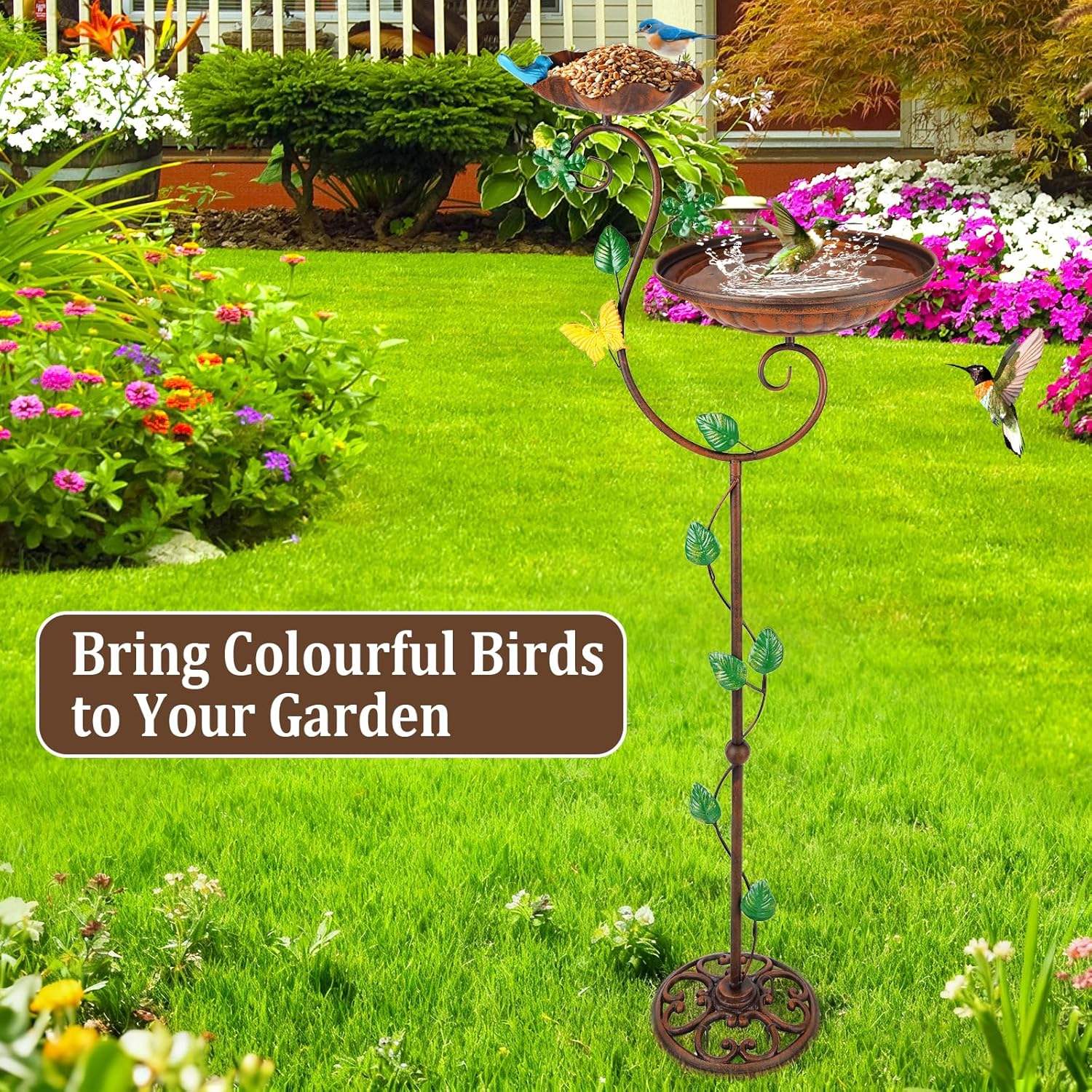 STAVAN 44" Cast Iron 2-In-1 Bird Bath & Feeder for Outdoors &ndash; Heavy Duty Vintage Pedestal with Floral Design, Stable Rust-Resistant Base, Elegant Garden Patio D&eacute;cor image number 5