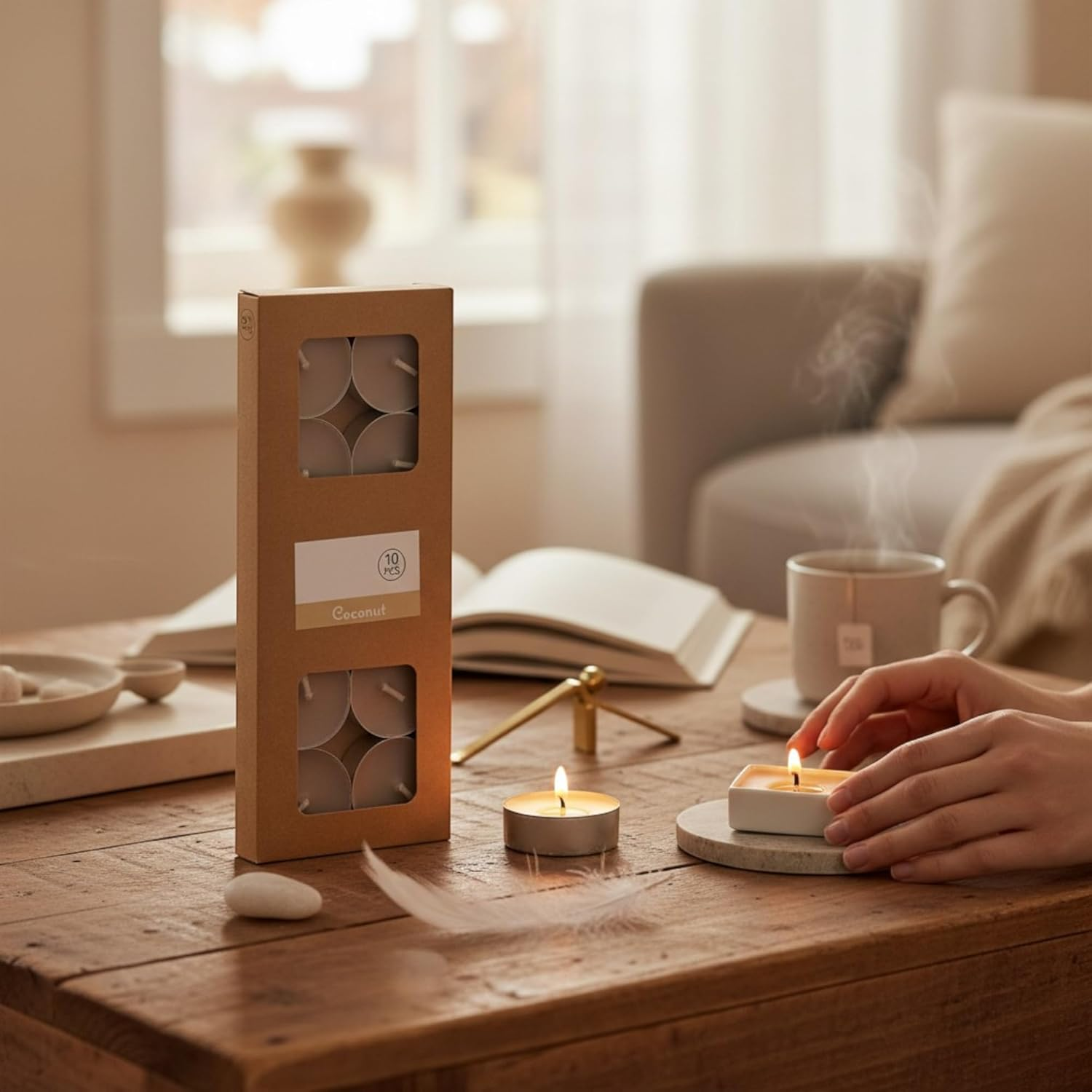 MIJOMA Coloured Tea Lights Pack of 30 - Set of 3 Packs - 4 Hours Burn Time Each - Decorative Candles in Kraft Box - Mood Light for Home & Events (Sand) image number 2