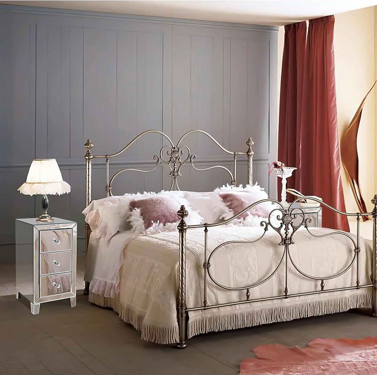 Design Glass Side Table Mirrored Nightstand with 3 Drawer End Table Mirror Accent Silver Table Mirrored Dresser,Nightstand Sets for Bedroom Mini Cabinet Bedside Tables Glass Tables Mirrored Furniture image number 3