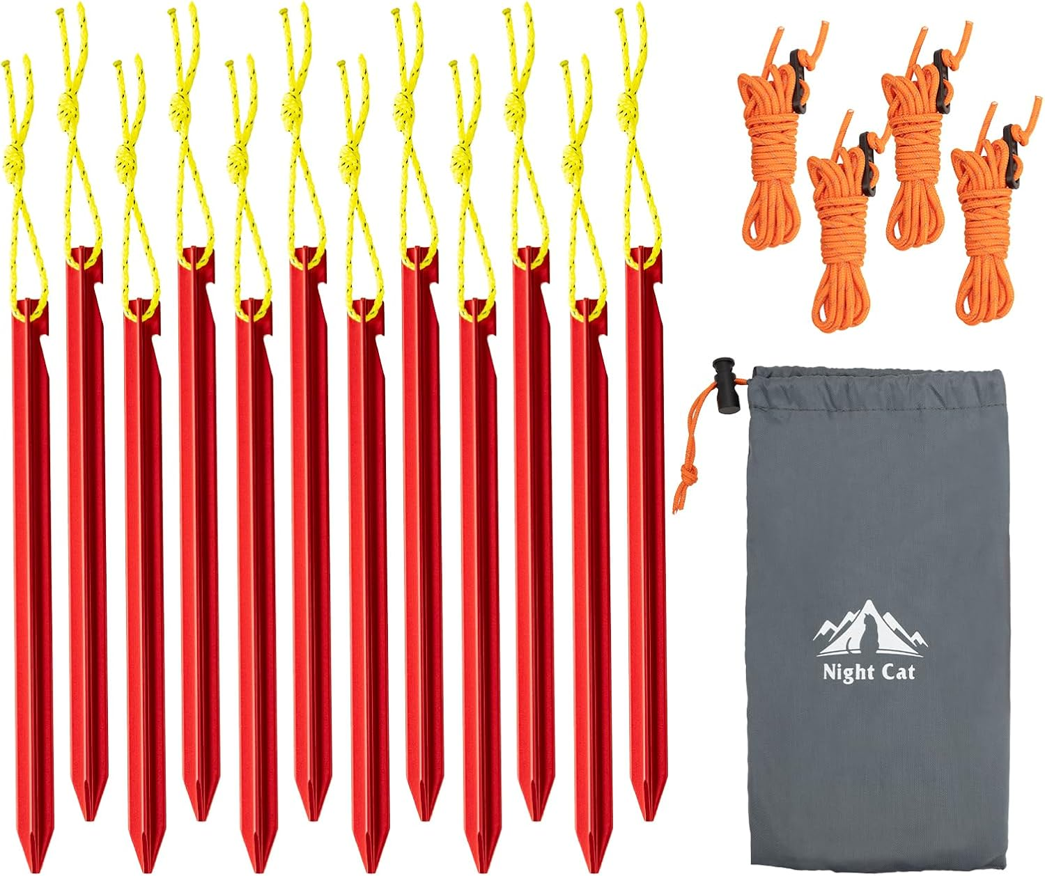 Night Cat Aluminium Tent Pegs: 12 Pack Tent Stakes Ultralight Heavy Duty with 4 Guylines and Drawstring Bag image number 1