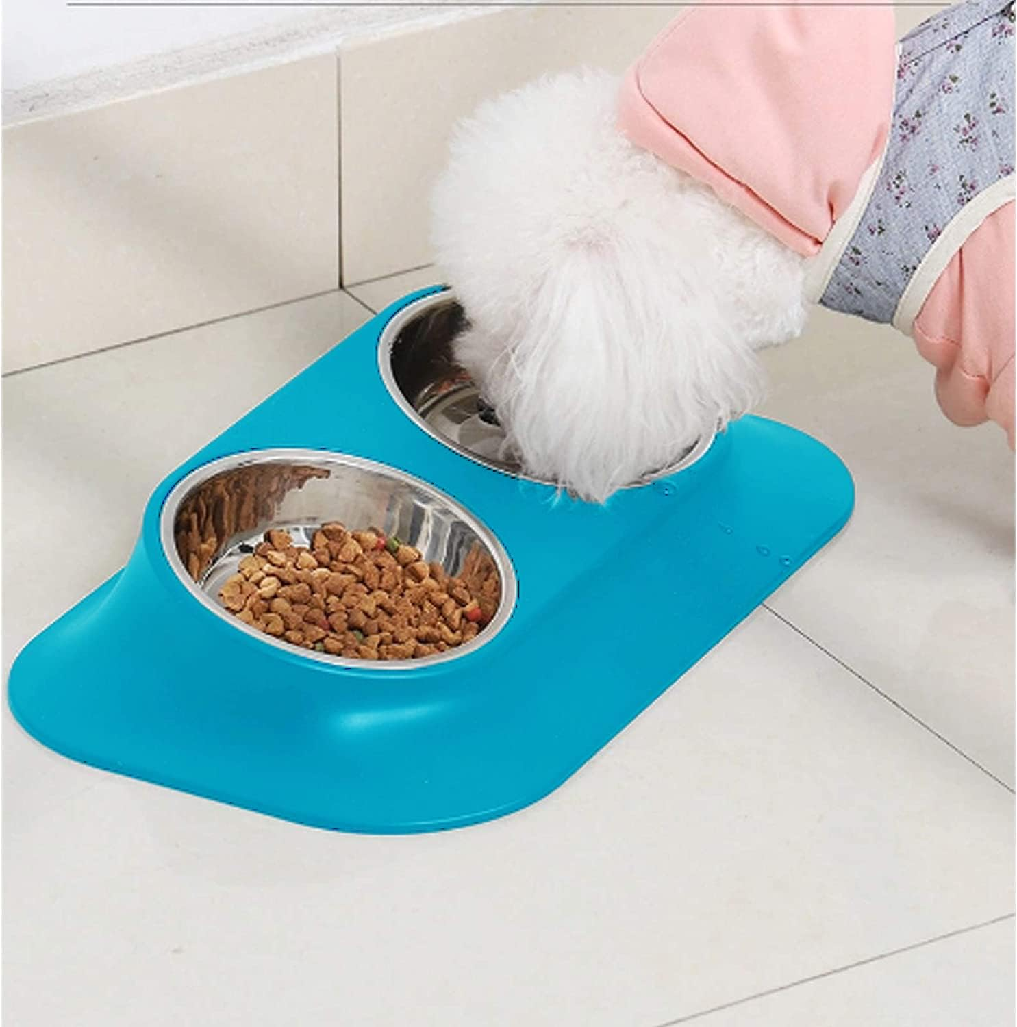 Raised Cat Bowl Pet Bowl,Stainless Steel Elevated Small Dog Bowls,15&deg;Tilted Whisker Reliefs Fatigue Free Stress anti Vomiting Cat Food Water Bowls,Non Slip Cat Feeding Bowls (Double Bowl/Blue) - Blue image number 6