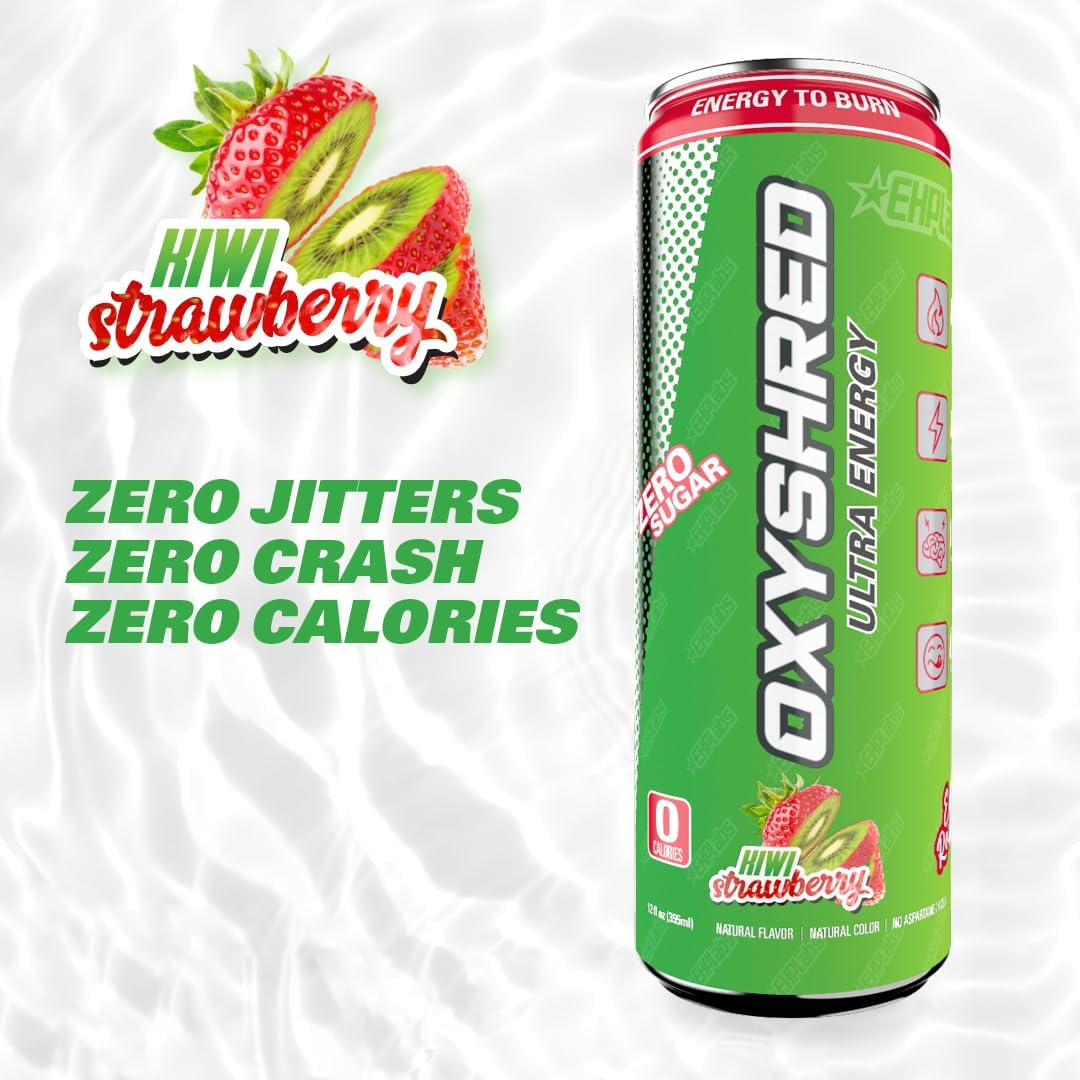 EHP Labs Oxyshred Healthy Energy Drink - Sugar Free Energy Drinks with Amino Acids, Green Tea Extract, Vitamin C & L Carnitine - Carb Free, Calorie Free, Natural Caffeine - Kiwi Strawberry (12-Pack) image number 2