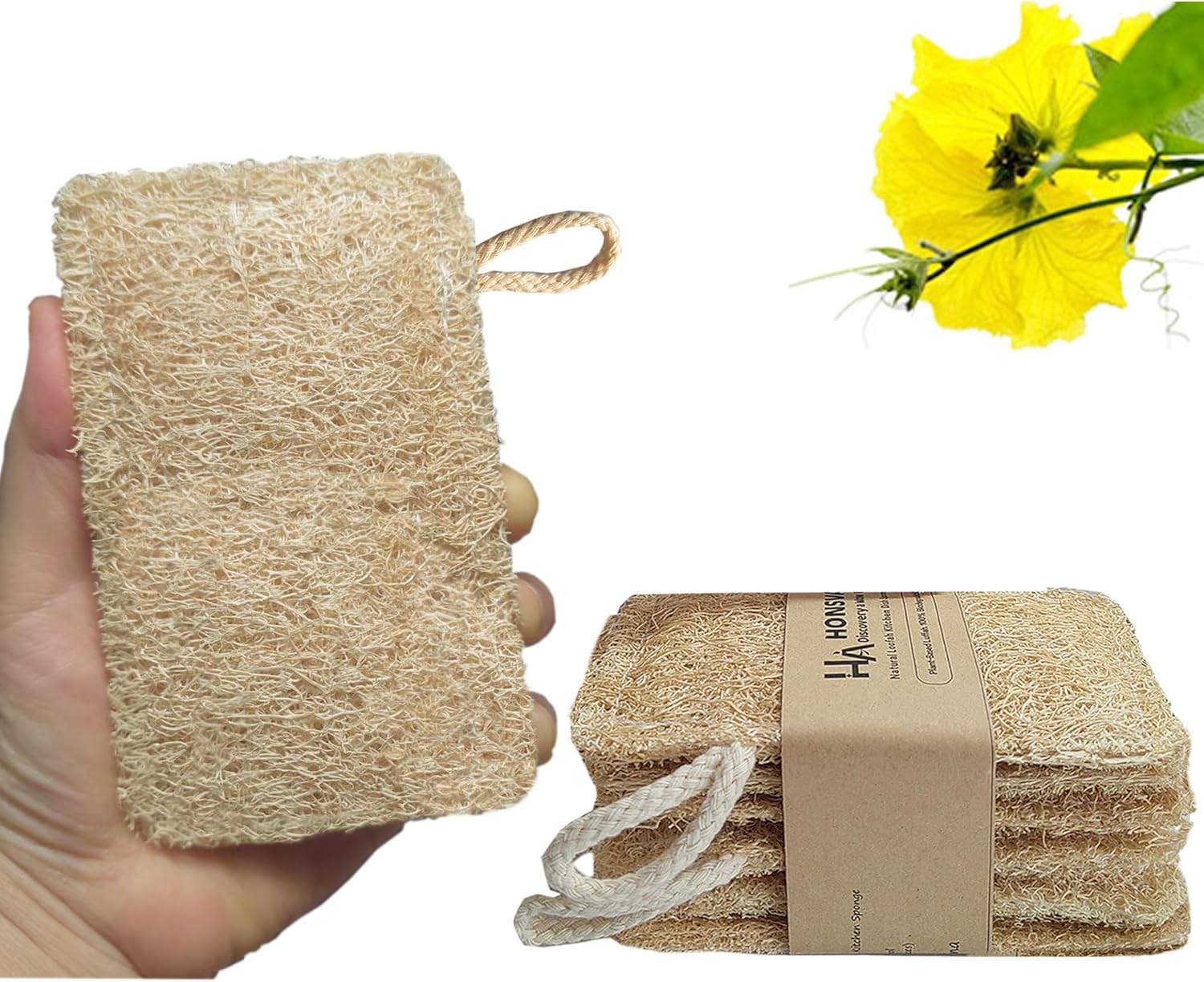 HONSVA Natural Loofah Kitchen Sponge (6 Pcs) No Scratch Brush for Dishwashing, 100% Plant Fibers Vegetable Scrubber, Zero Waste and Eco Friendly Loofa, Rectangular, Large