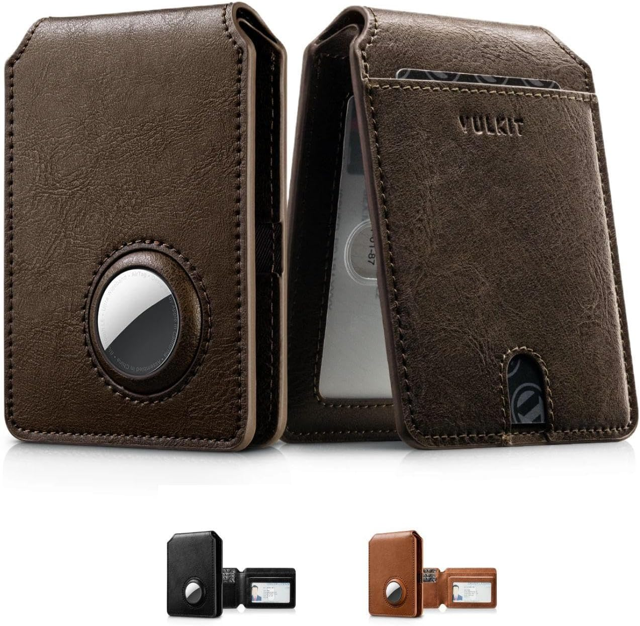 VULKIT Aussie Men'S Ultra-Slim Airtag Card Wallet (1.5Cm), RFID Blocking Leather Bifold with ID Window, Front Pocket Design & Anti-Loss Tracking for Everyday Carry & Travel, Coffee