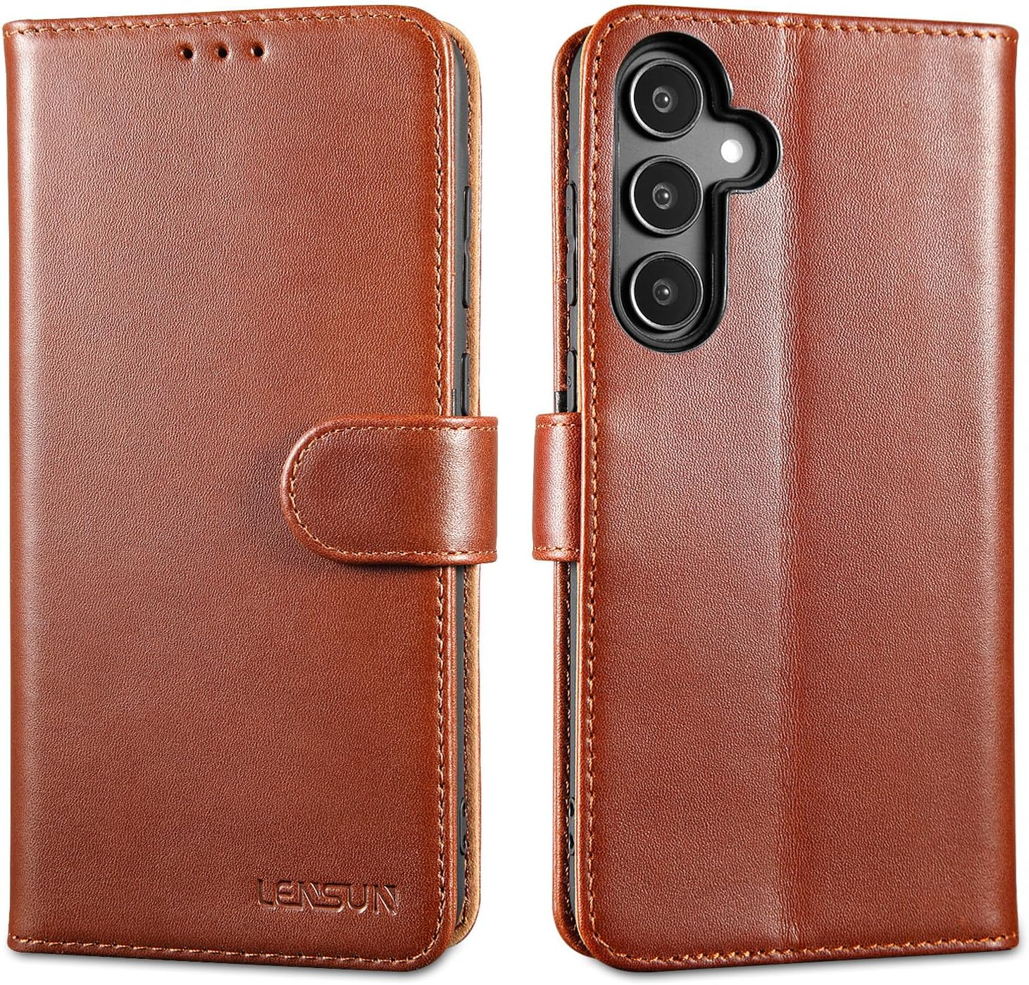 LENSUN Leather Case for Samsung Galaxy A25 5G, Genuine Leather Case [Card Slot] [RFID Protection] [Genuine Leather] Mobile Phone Case [Foldable] Mobile Phone Case for Samsung Galaxy A25 &ndash; Dark Brown