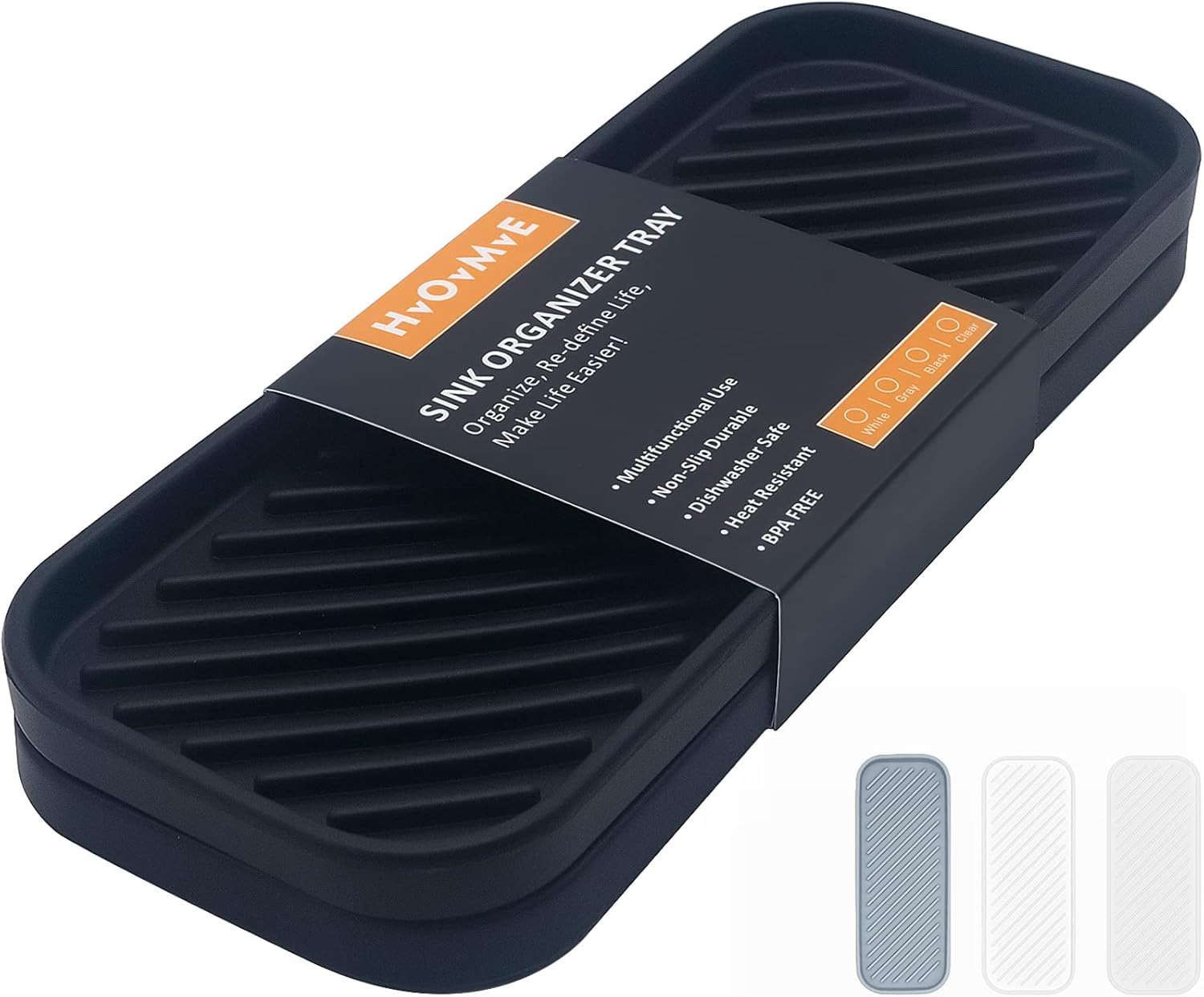 Hvovmve Silicone Organizer Tray, Soap and Sponge Holder for Kitchen Sink, Bathroom - Storage Tray for Dish Brush, Soap Dispenser, Dishwashing Accessories- 2 Pack Black