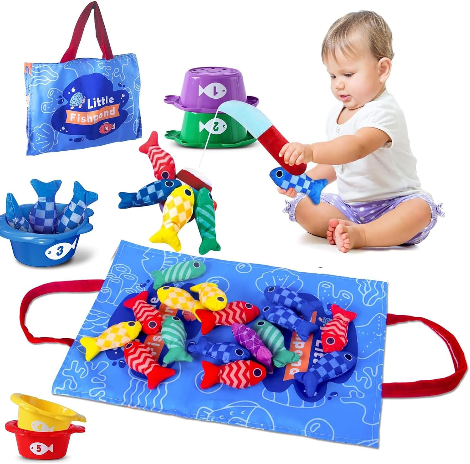 Montessori Toys for 1 Year Old Boy Girl, Cloth Fishing Game Baby Toys 6-12 12-18 Months, Toddlers'S Sensory Toy with Stacking Cups, Number Counting, Color Sorting