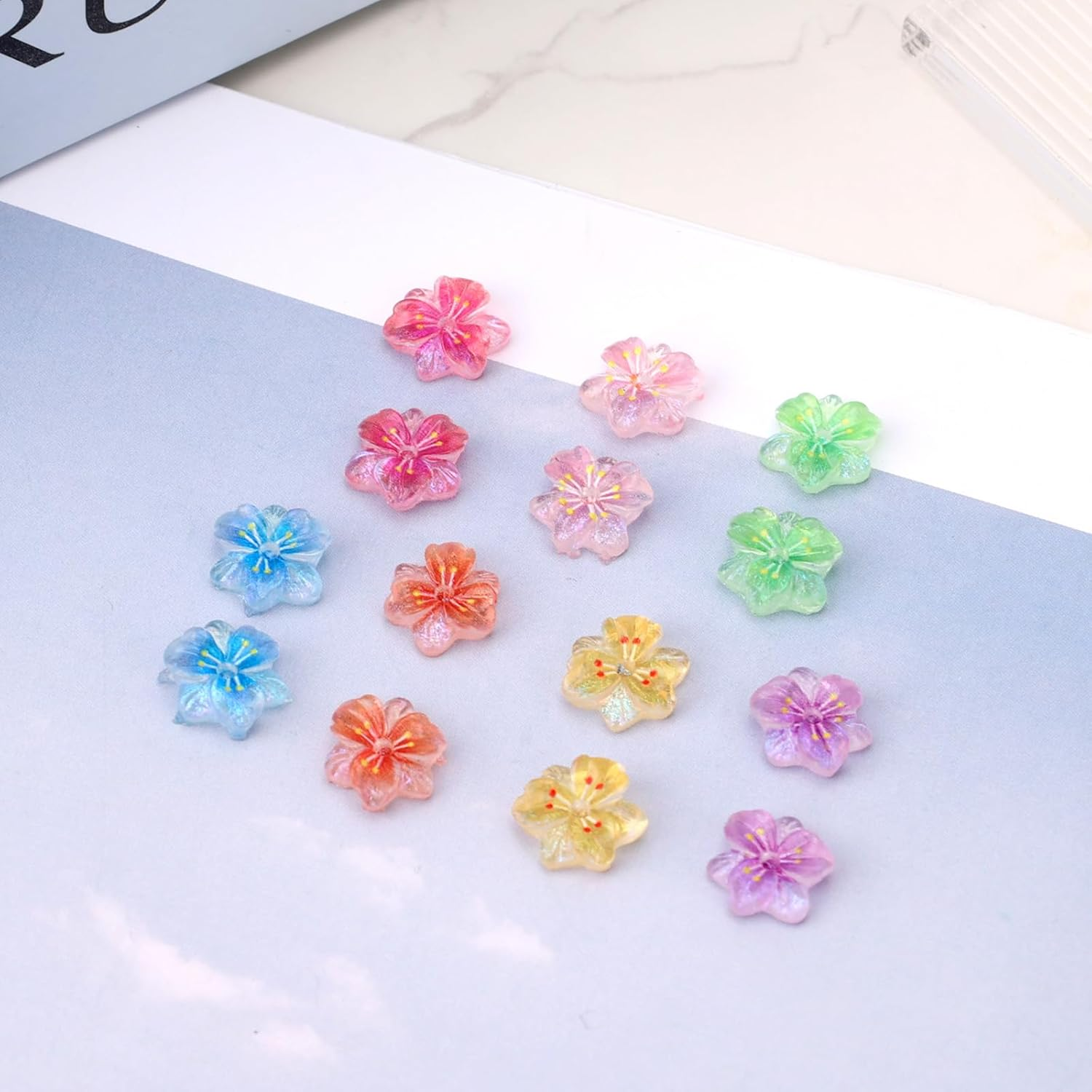 Lasuroa 60Pcs 3D Ice Translucent Hibiscus Flower Nail Charms, Cute Plastic Floral Nail Stickers Mixed Colorful Rhinestones Jewelry for Women Manicure Decorations