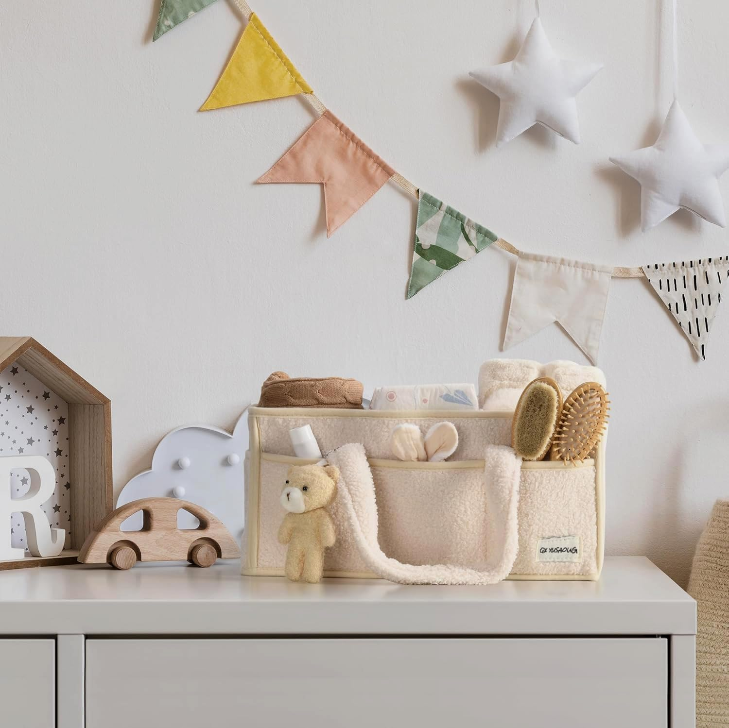 Baby Nappy Caddy Diaper Caddy Organizer, Baby Storage Basket for Diapers and Wipes (Ivory White, No Bear) image number 2