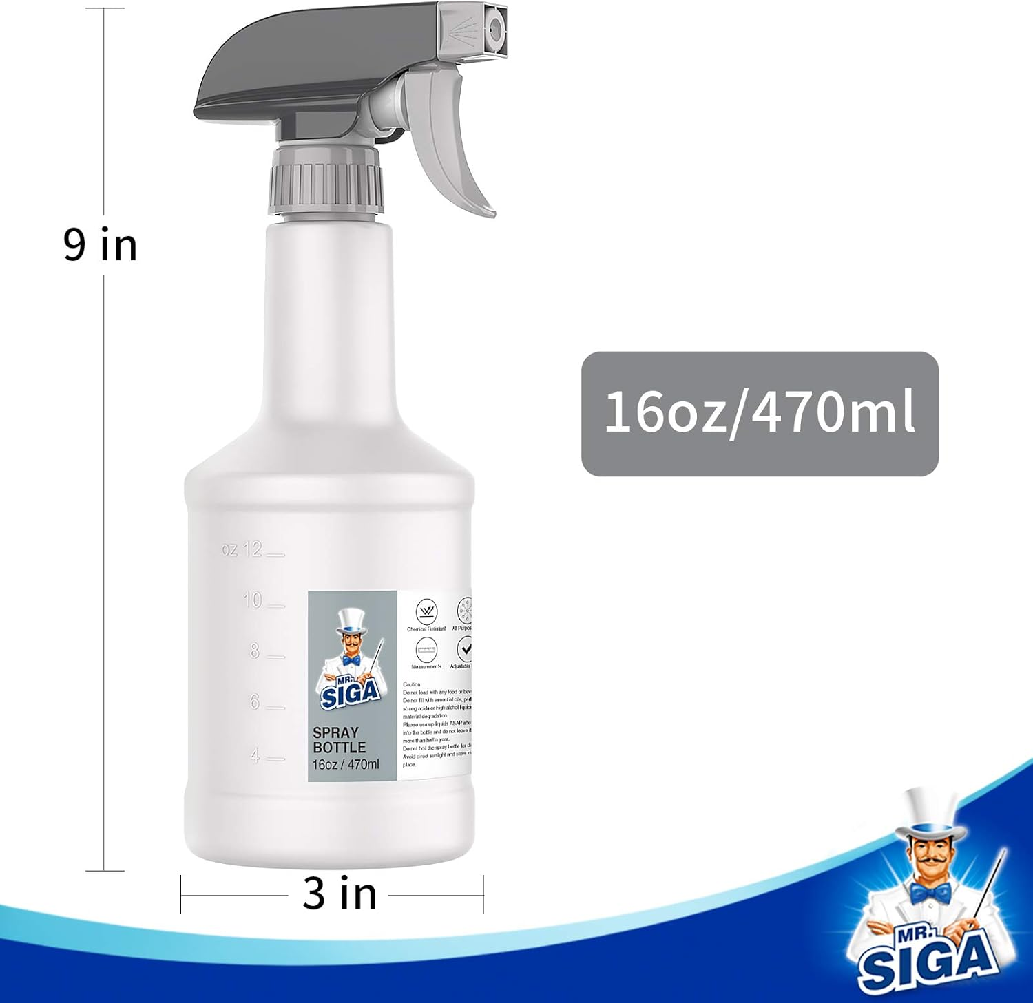 MR.SIGA 16 Oz Empty Plastic Spray Bottles for Cleaning Solutions, Heavy Duty Household Reusable Spray Bottles with Measurements and Adjustable Leak Proof Nozzle, 3 Pack image number 4