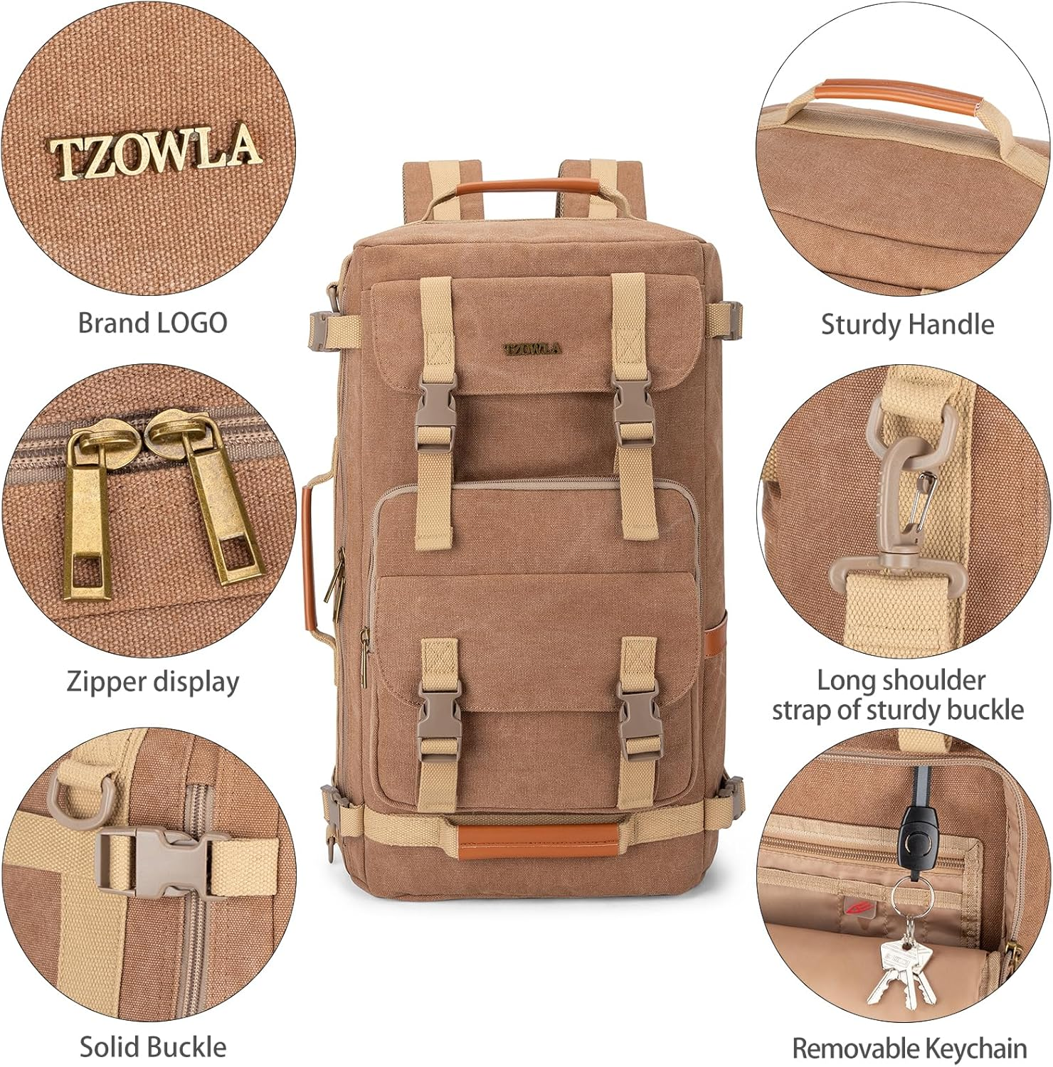 Tzowla Canvas Travel Backpack Carry on Flight Approved,Large Vintage Messenger Bag,3-In-1 Convertible Backpacks Duffel Bag,Personal Ltem Laptop Rucksack for Men and Women Fit 17 Inch Laptop image number 3