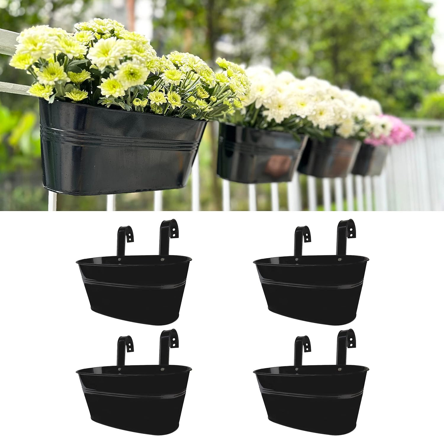 Lalagreen Outdoor Rail Planter (4 Pack, 11.8 Inch) Black Metal Iron Hanging Flower Pots Deck Railings Fence Buckets Modern Countryside Boho Style Wall Mount Window Box Plant Holder Hooks Porch Decor