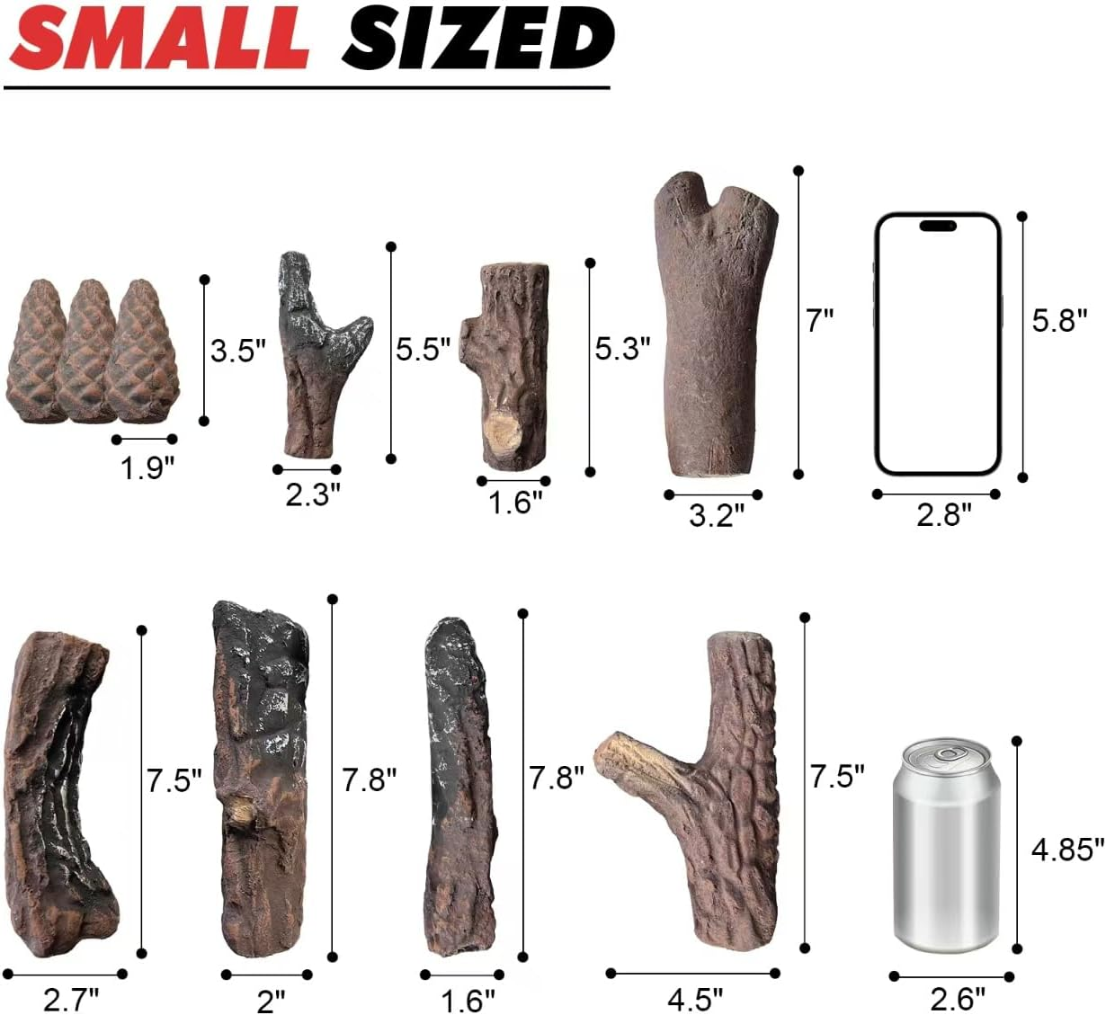 Mrgas 10 Pcs Small Sized Fake Fireplace Log Set with Pine Cones, Ceramic Wood Fireplace Gas Inserts, Vented Faux Artificial Heat Resistant Logs for Electric or Indoor Outdoor Fire Pits image number 2