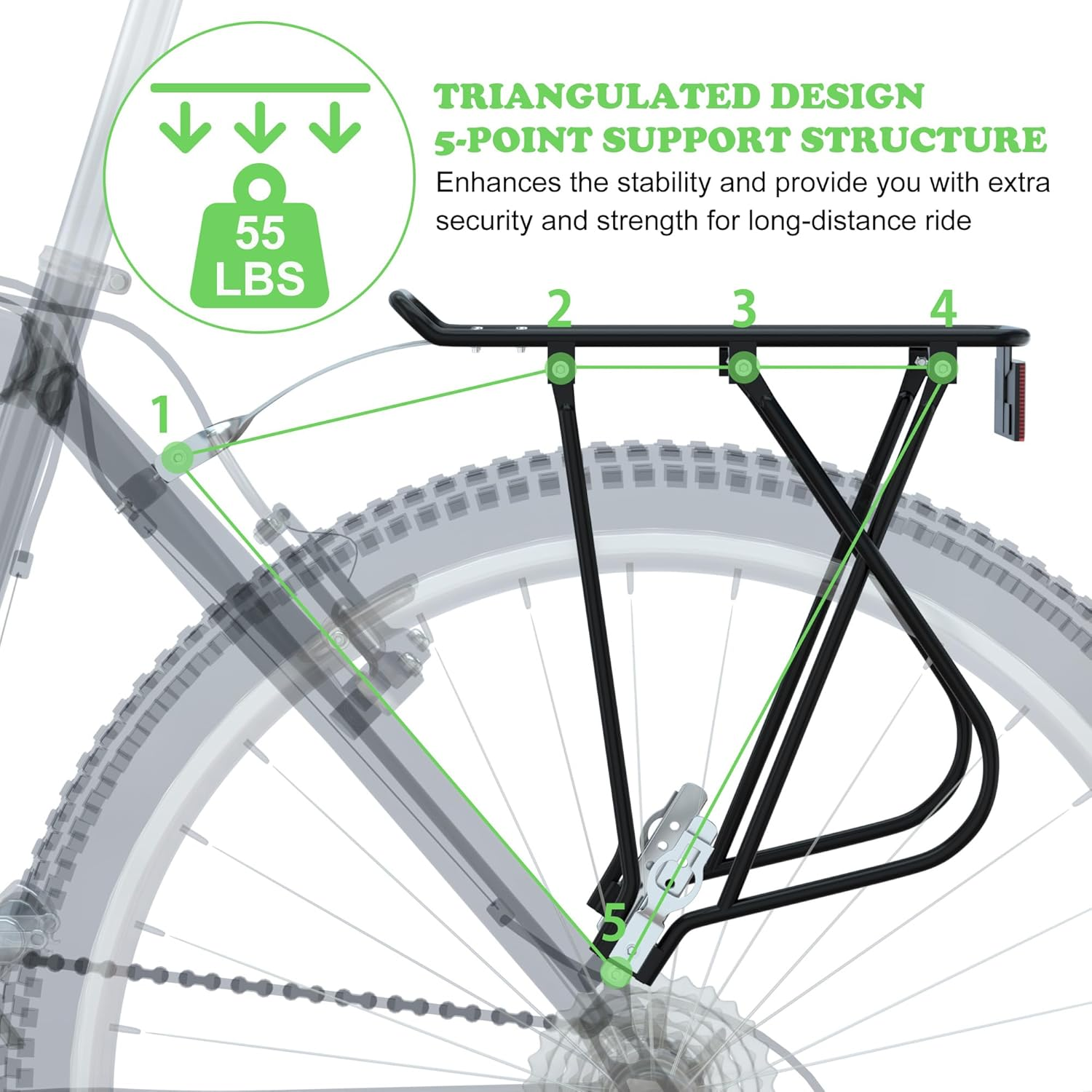 Bike Cargo Rack W/Bungee Cargo Net & Reflective Logo Universal Adjustable Bicycle Rear Luggage Touring Carrier Racks 55Lbs Capacity Quick Release Mountain Road Bike Pannier Rack for 26"-29" Frames image number 5