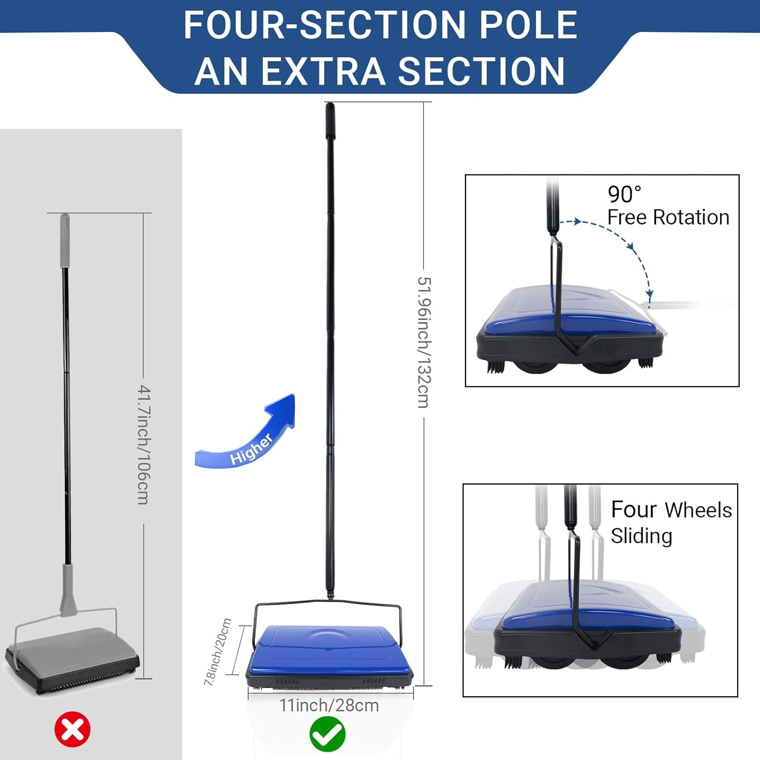 EZ SPARES Quiet Carpet Sweeper, Floor Sweeper with Horsehair Roto Brush Strong Cleaning Power Great for House,Office,Kitchen,Parquet Floor with Clean Out Comb image number 6