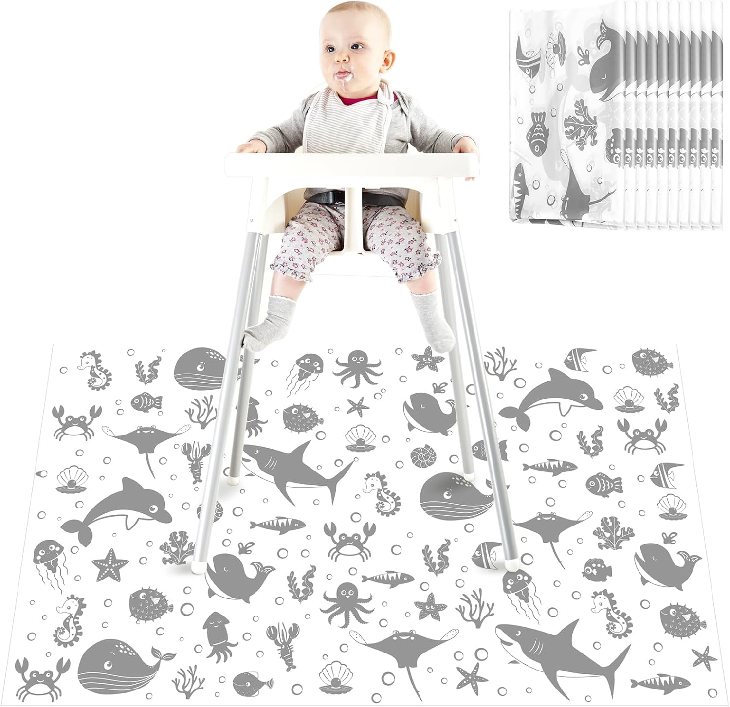 100 Pack 28"X47" Disposable Floor Splat Mats for under High Chair with Animals Print, Waterproof Plastic Floor Mat Multipurpose Baby Led Weaning Supplies(Sea Animal) image number 3