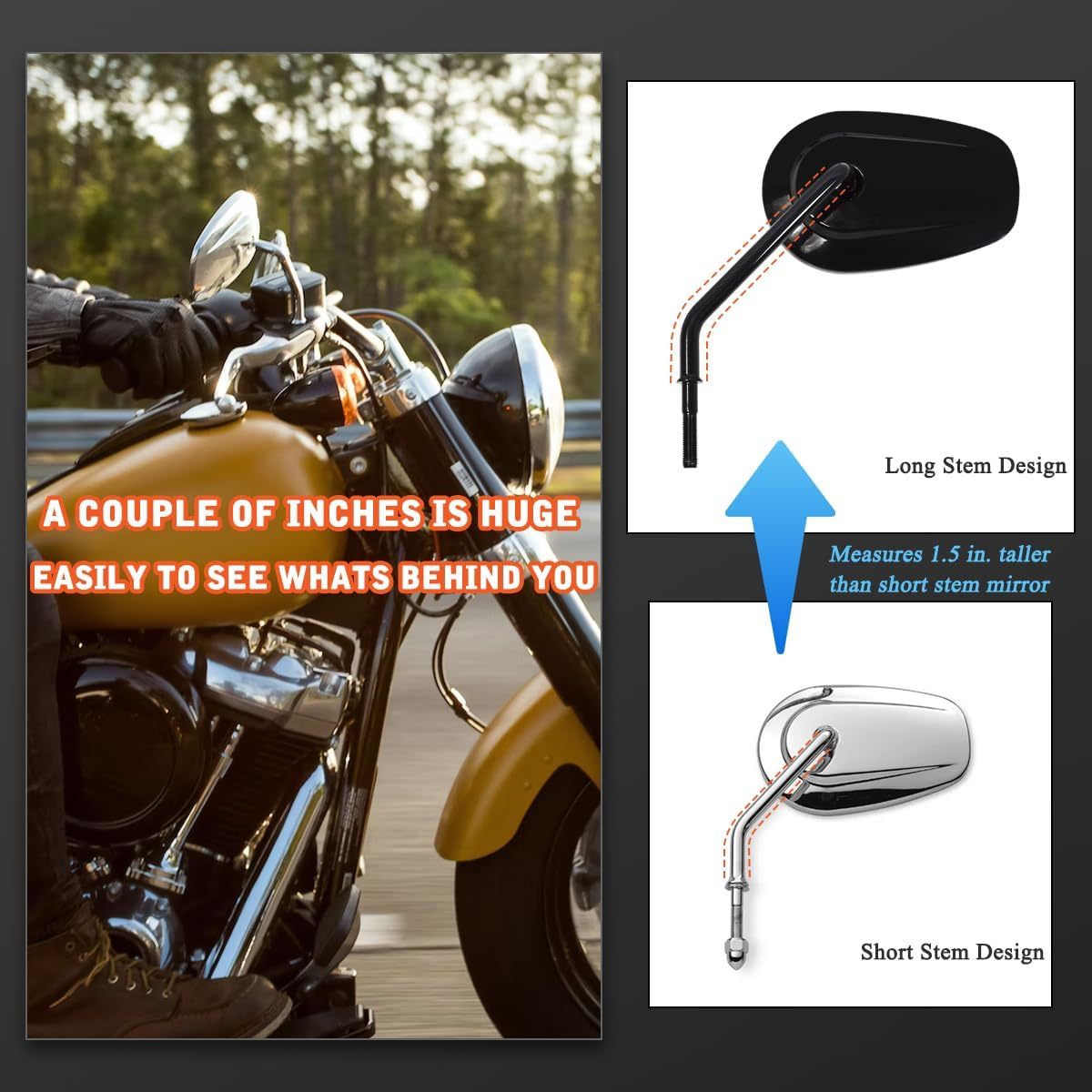 FOVPLUE Handlebar Mount Mirrors,Left & Right Side Long Stem Rearview Mirrors for 1982-2025 Harley Models,For CVO Dyna Electra Glide Road Glide Road King Softail Street Glide Sportster 1200 883,Black image number 6