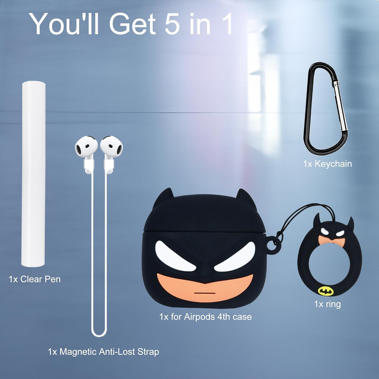 Cute Case for Airpods 4Th Generation Cover, with Magnetic Anti-Lost Cord, Keychain and Cleaner Pen Kit, 3D Cartoon Animal Soft Silicone Funny Cover for Airpods 4 Case Accessories Set for Men - Black